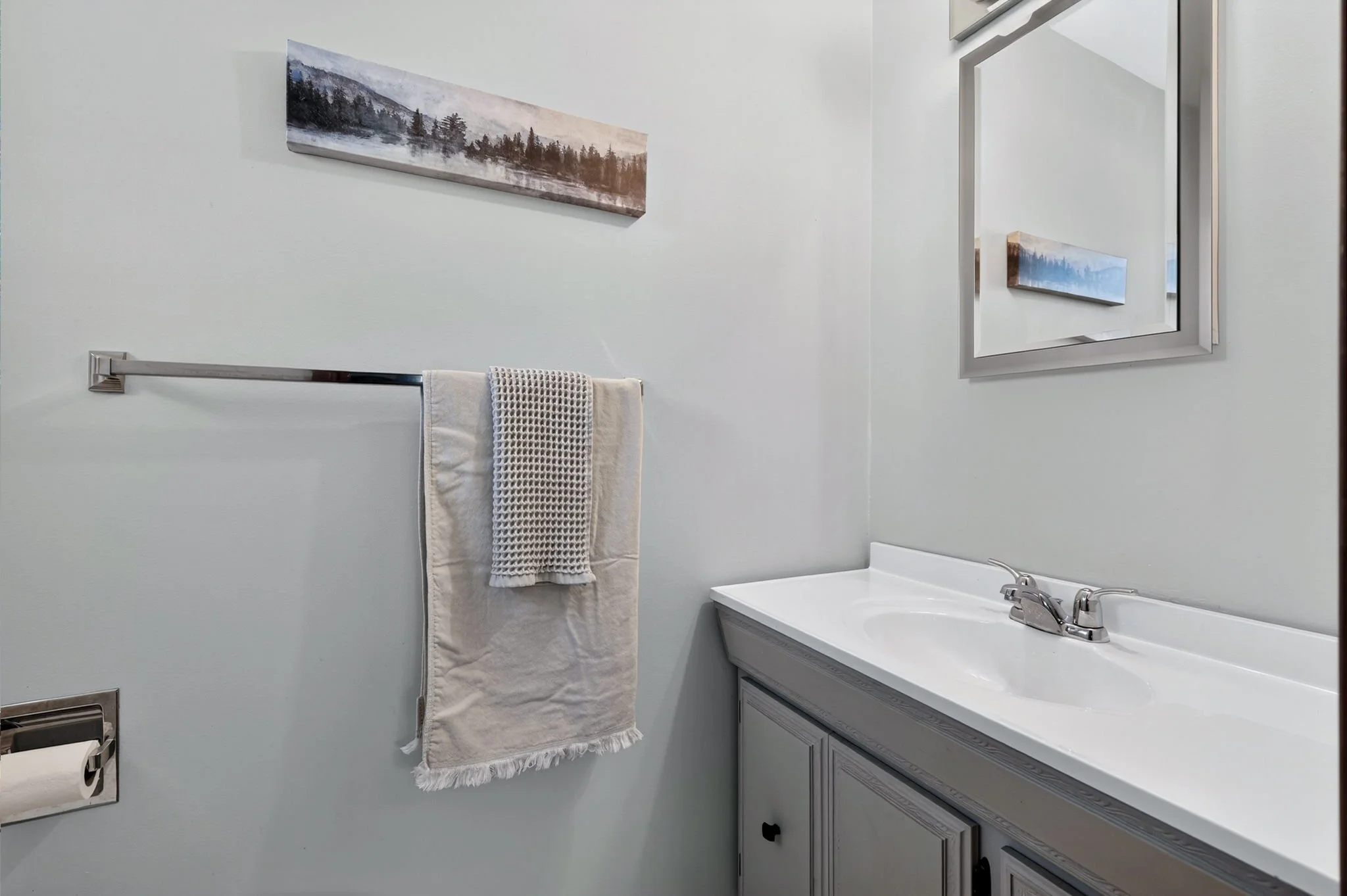 Bathroom with a white sink vanity, a mirror, a towel rack with a beige towel, and framed landscape art on the wall.