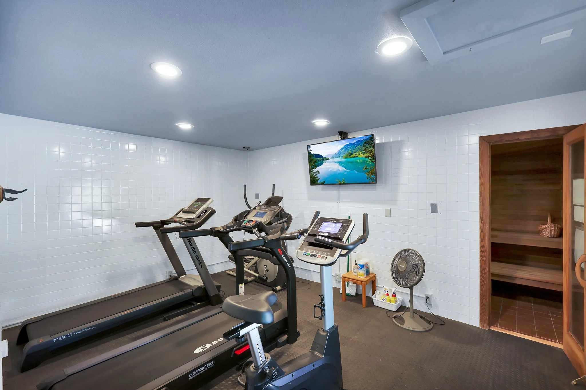 Indoor gym room with three treadmills, a wall-mounted television showing a lake and mountains, a small table with cleaning supplies, a floor fan, and some chairs and open wooden shelving on the side.