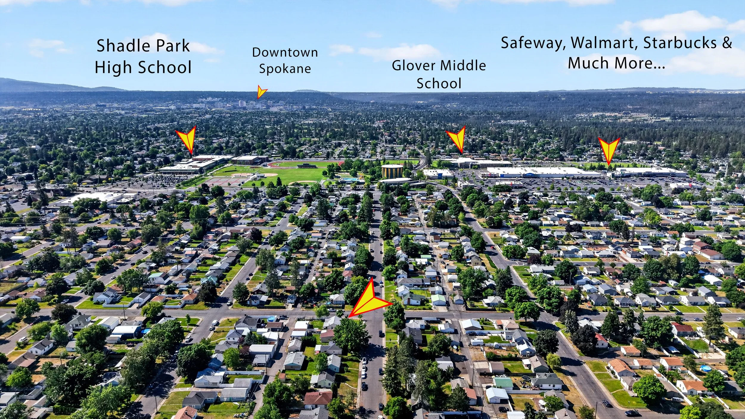 Aerial view of a residential neighborhood with labeled locations including Shadle Park High School, Downtown Spokane, Glover Middle School, and shopping centers like Safeway, Walmart, and Starbucks, with a partly cloudy sky.