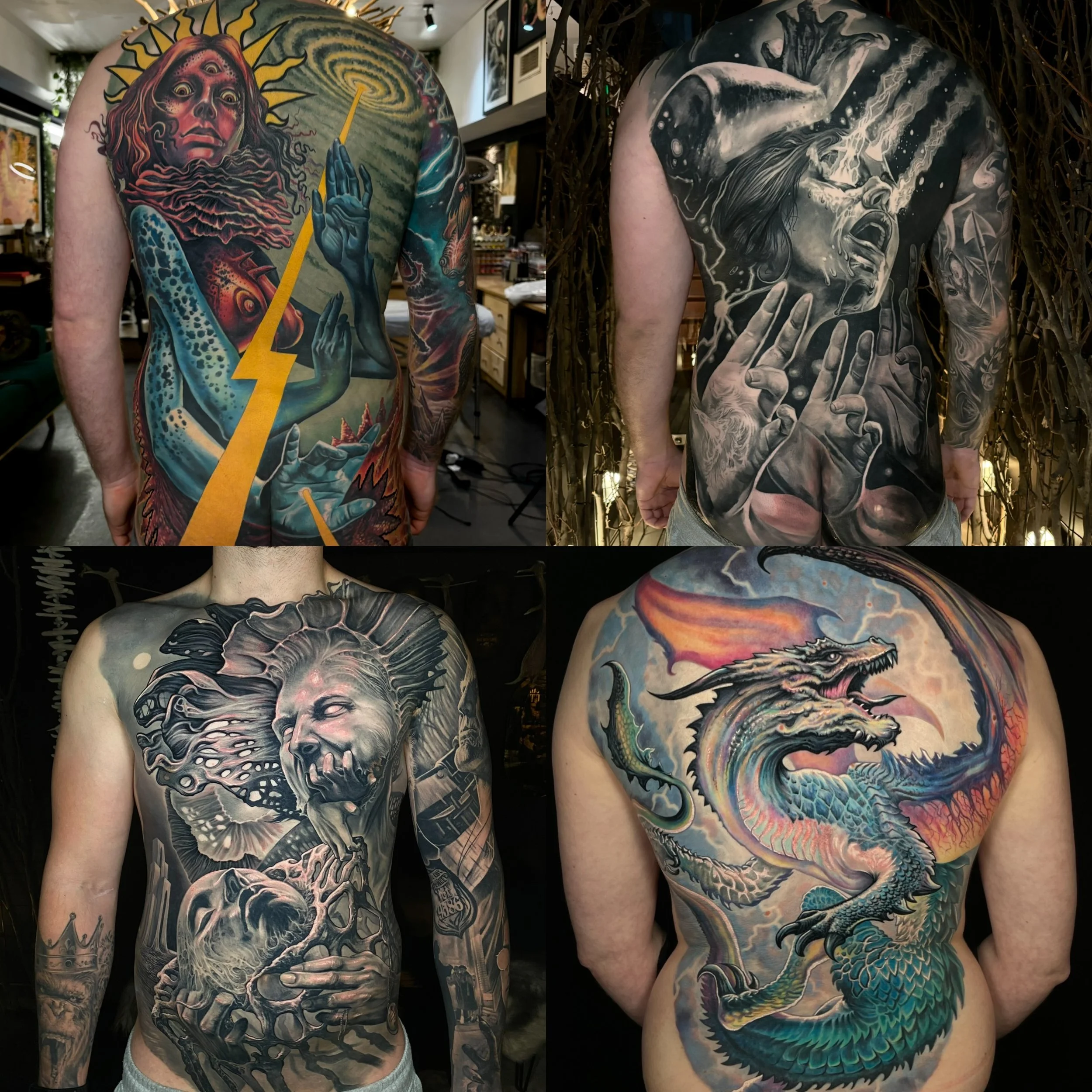Four men display full-back or torso tattoos featuring surreal, fantasy, and animal themes in a tattoo studio setting.
