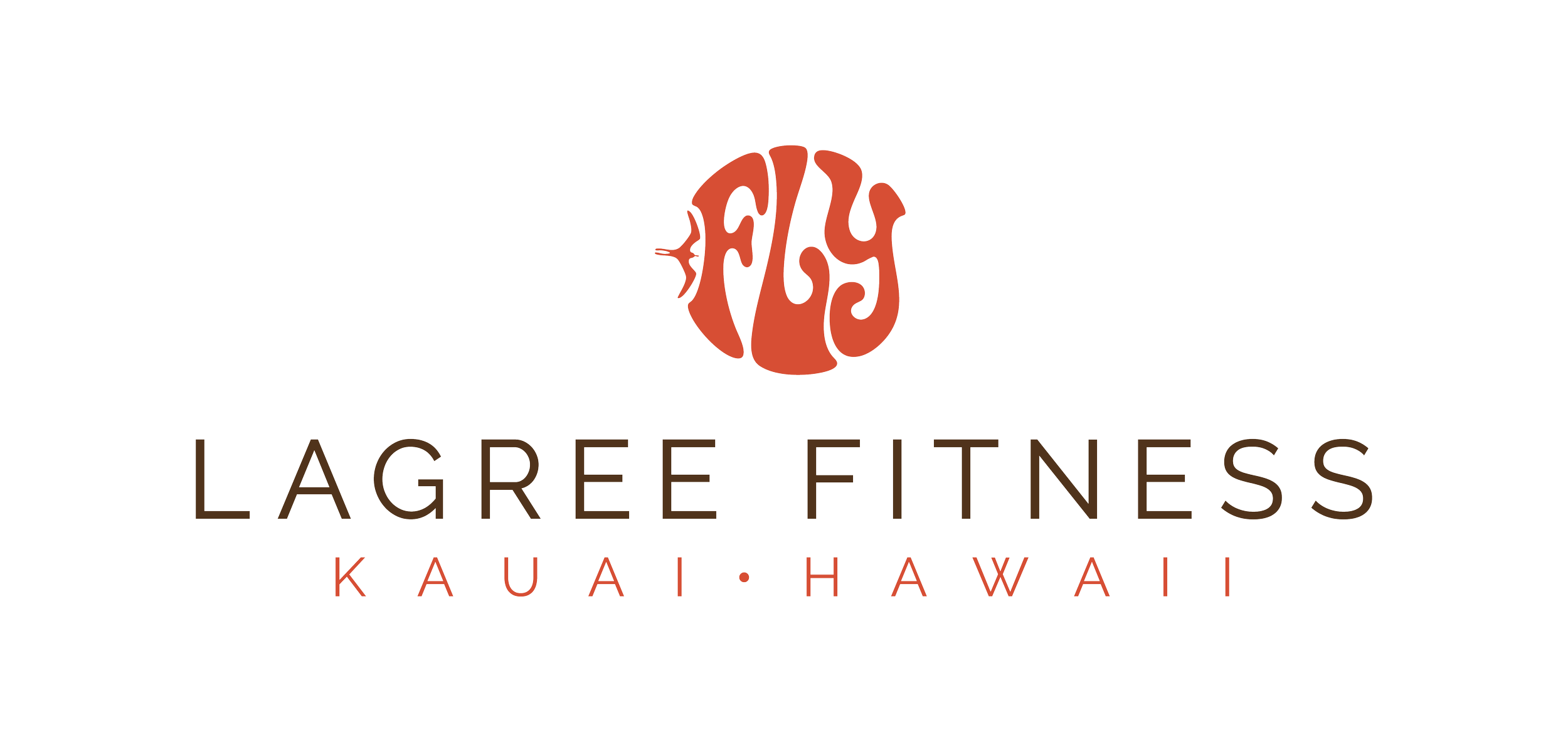 Logo of Lagree Fitness Kauai Hawaii, featuring a stylized graphic resembling the word "FLY" in orange, with the words "LAGREE FITNESS" and "KAUAI HAWAII" below.