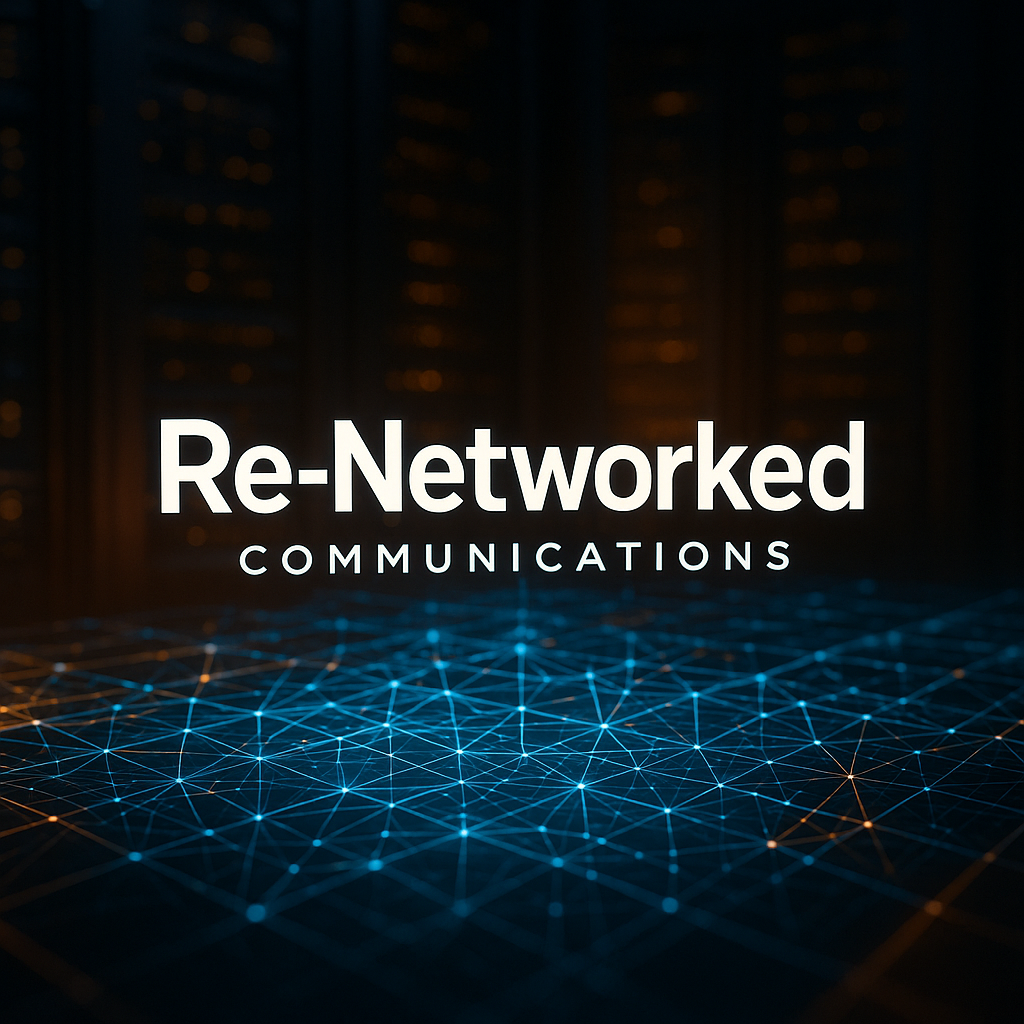 Digital network visualization with the text 'Re-Networked Communications' overlaid, depicting interconnected nodes and lines in a dark futuristic setting.