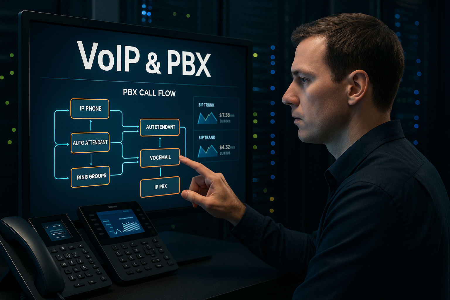 Man pointing at a digital screen displaying a flowchart titled 'VoIP & PBX' with diagrams of phone call routing processes and financial data.