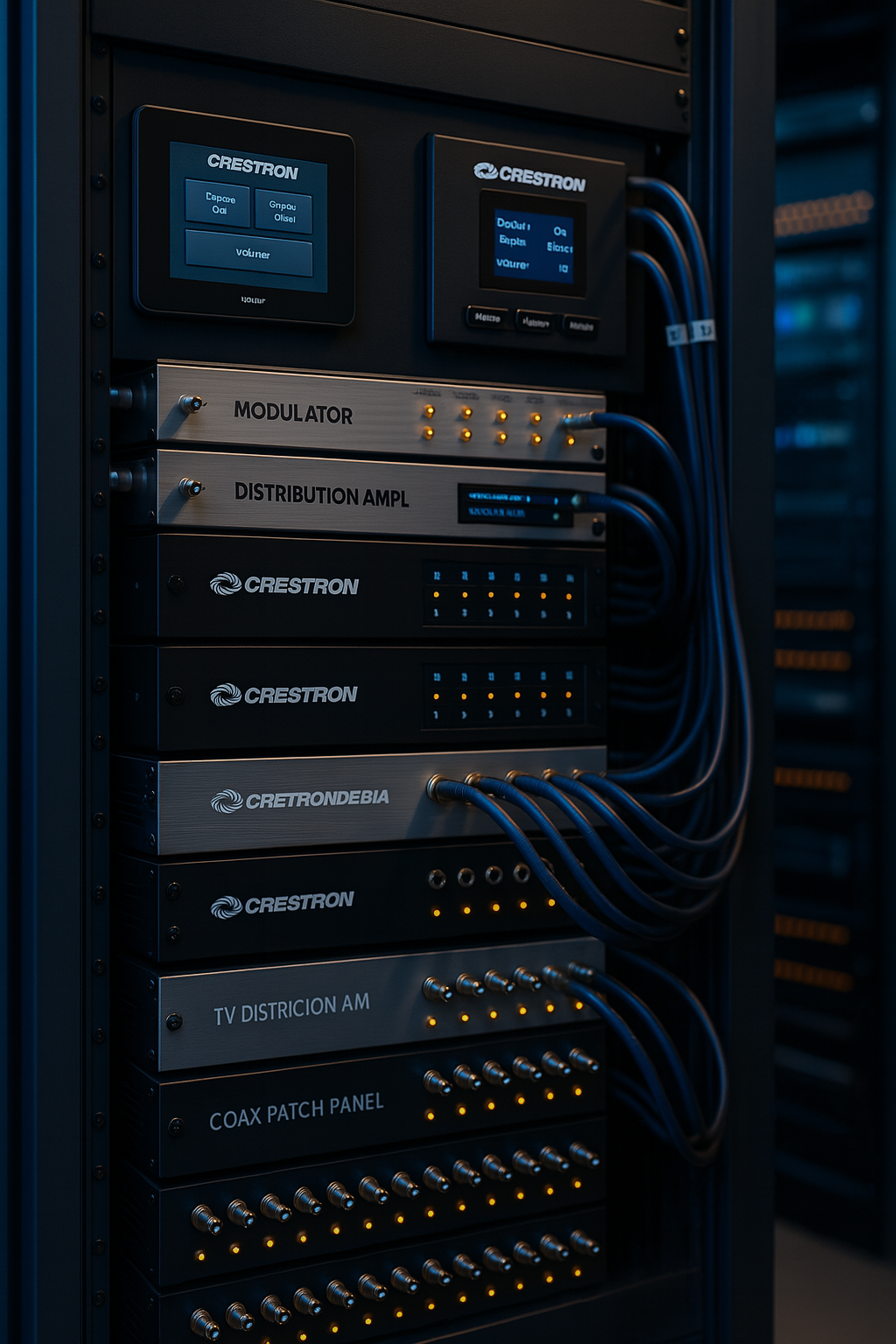 A server rack with various electronic equipment, including Crestron control systems, modulator, distribution amplifier, and satellite TV equipment, all connected with blue cables.