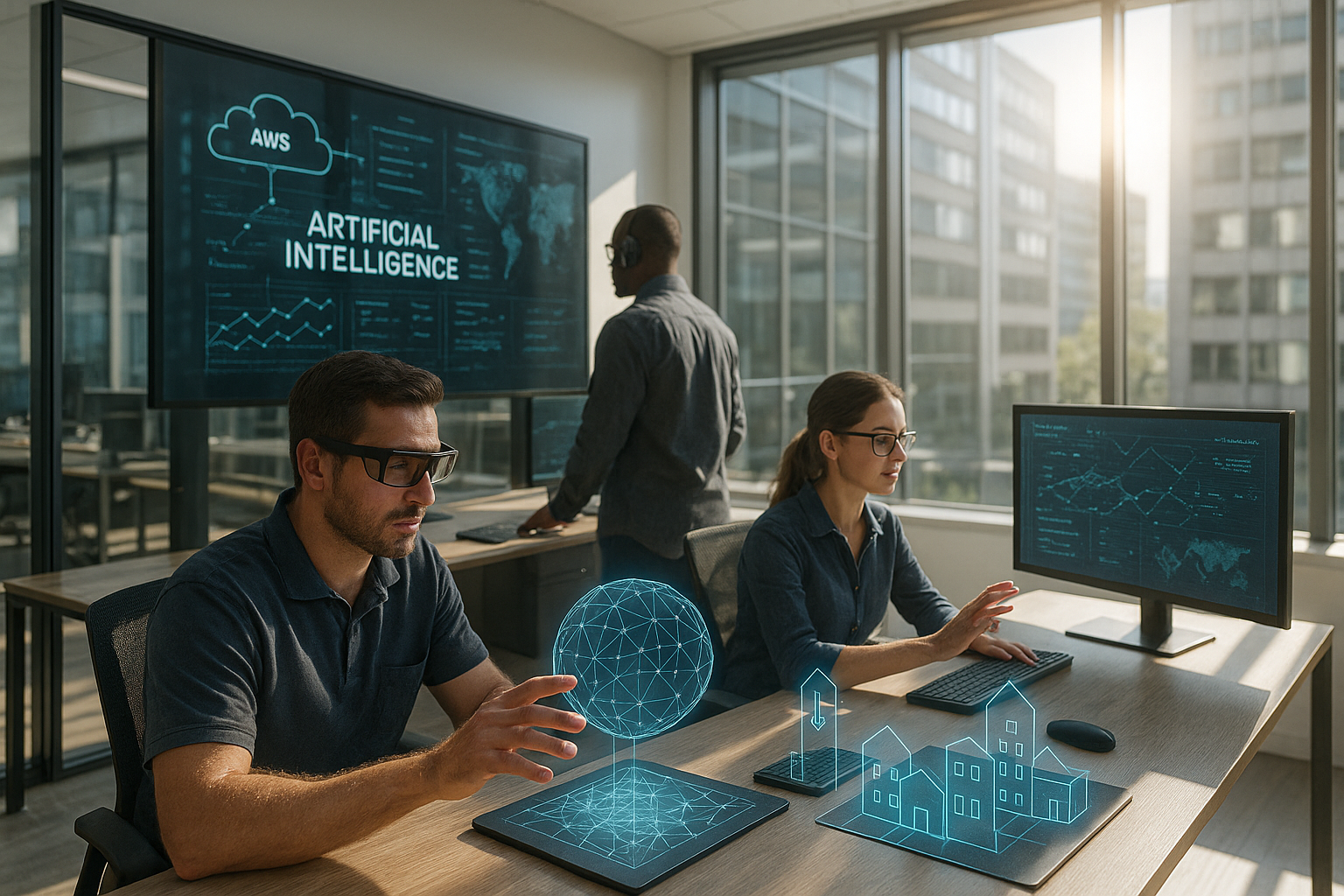 Three people working with holographic digital interfaces in a modern office, with large windows and cityscape views, focusing on artificial intelligence and technology.