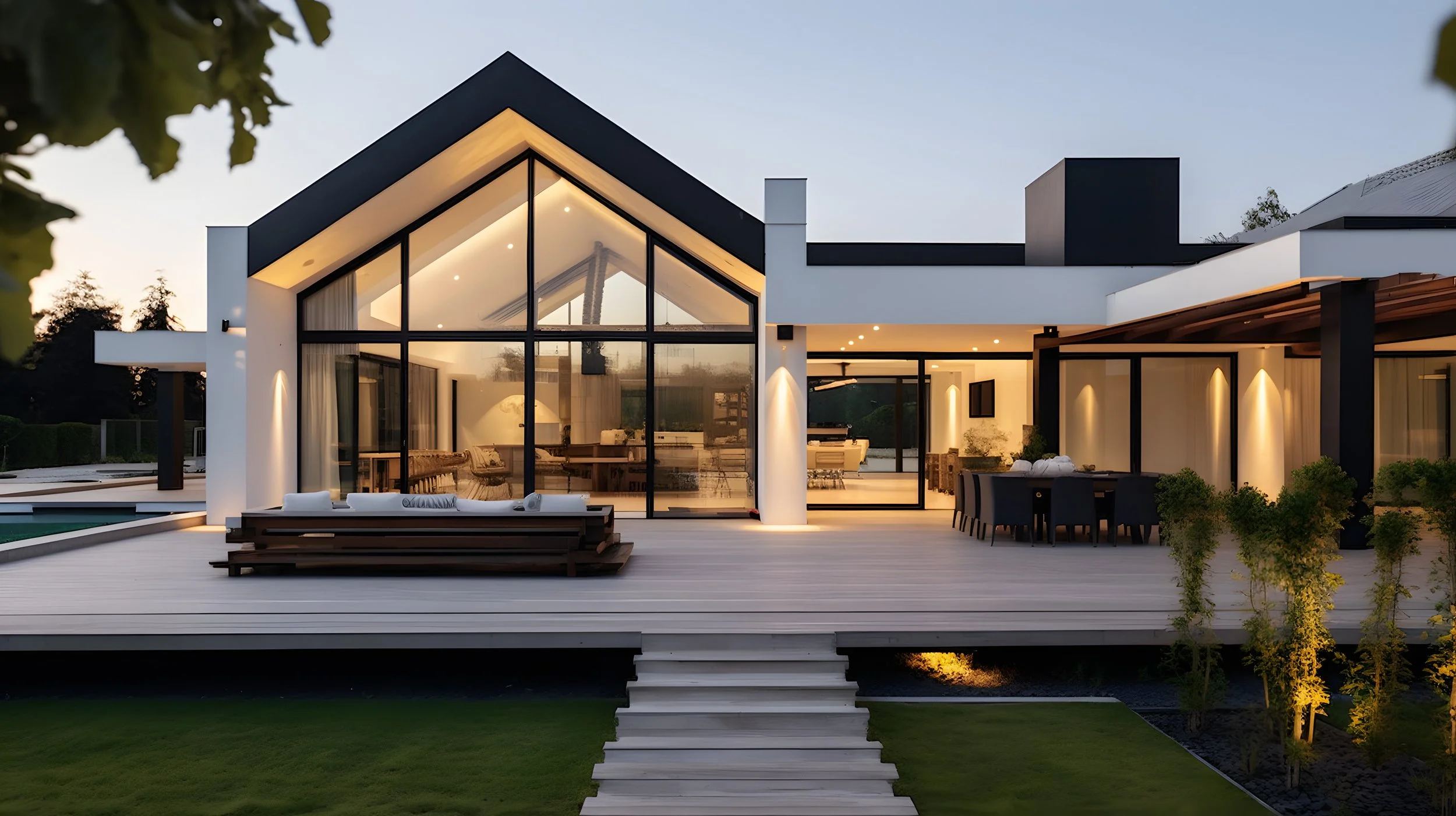 Modern house with large glass windows, illuminated interior, outdoor dining area with black chairs, a wooden lounge on a spacious deck, set in a landscaped yard with trees and greenery at dusk.