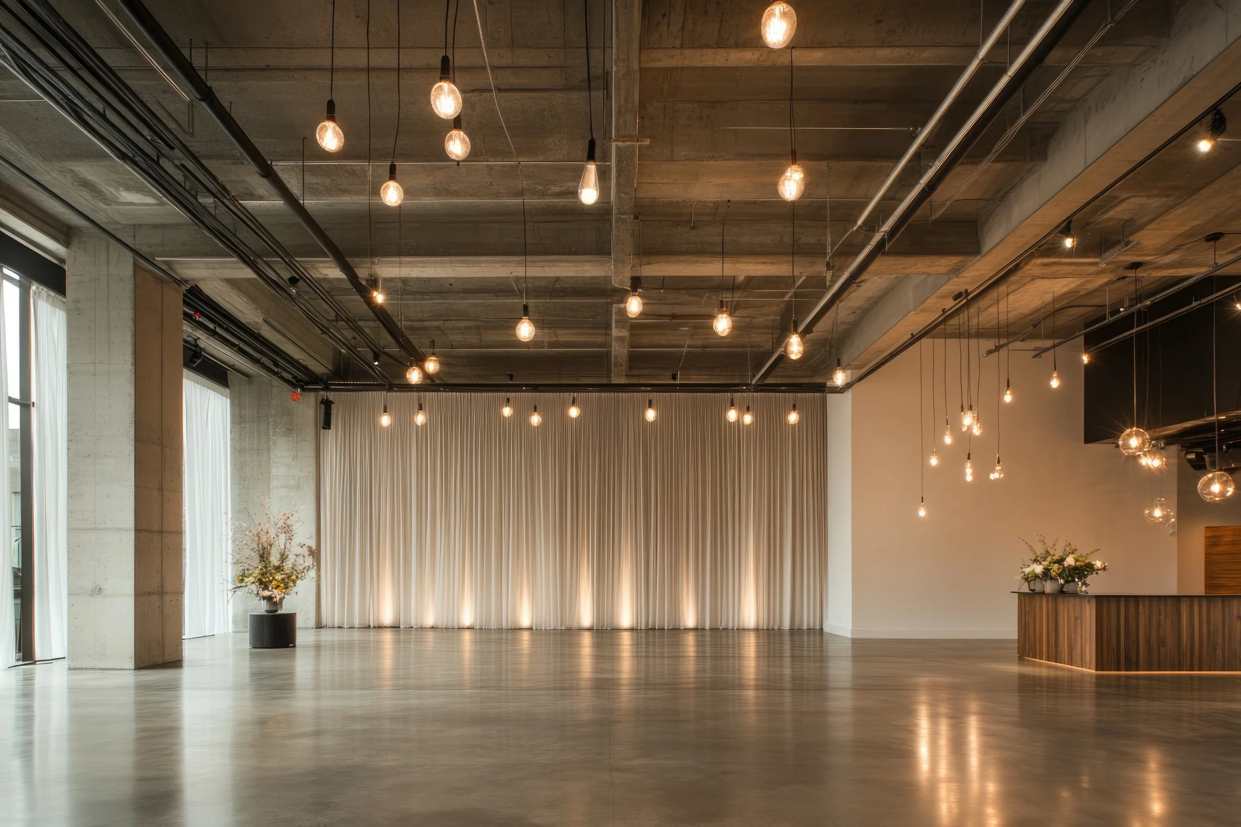 Empty event space with polished concrete floors, white curtain backdrop, and hanging Edison-style light bulbs, decorated with floral arrangements.