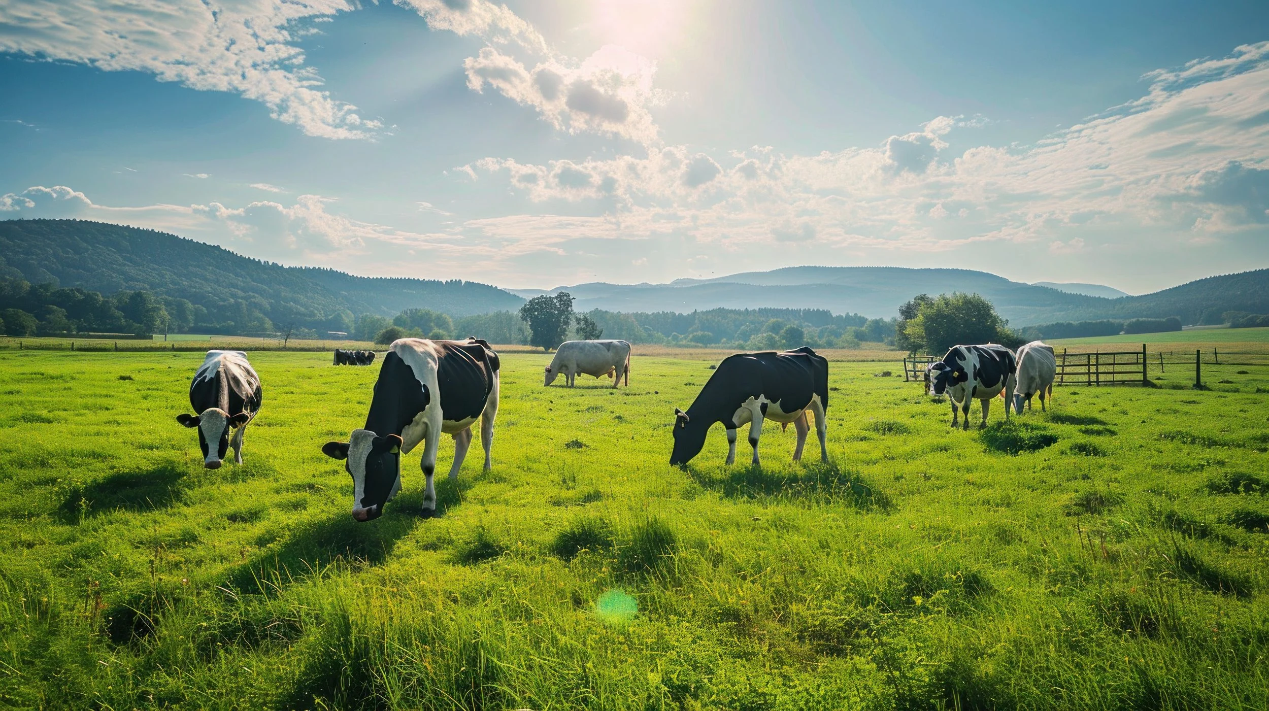 Cows grazing on a lush green pasture with mountains and a partly cloudy sky in the background, under bright sunlight.