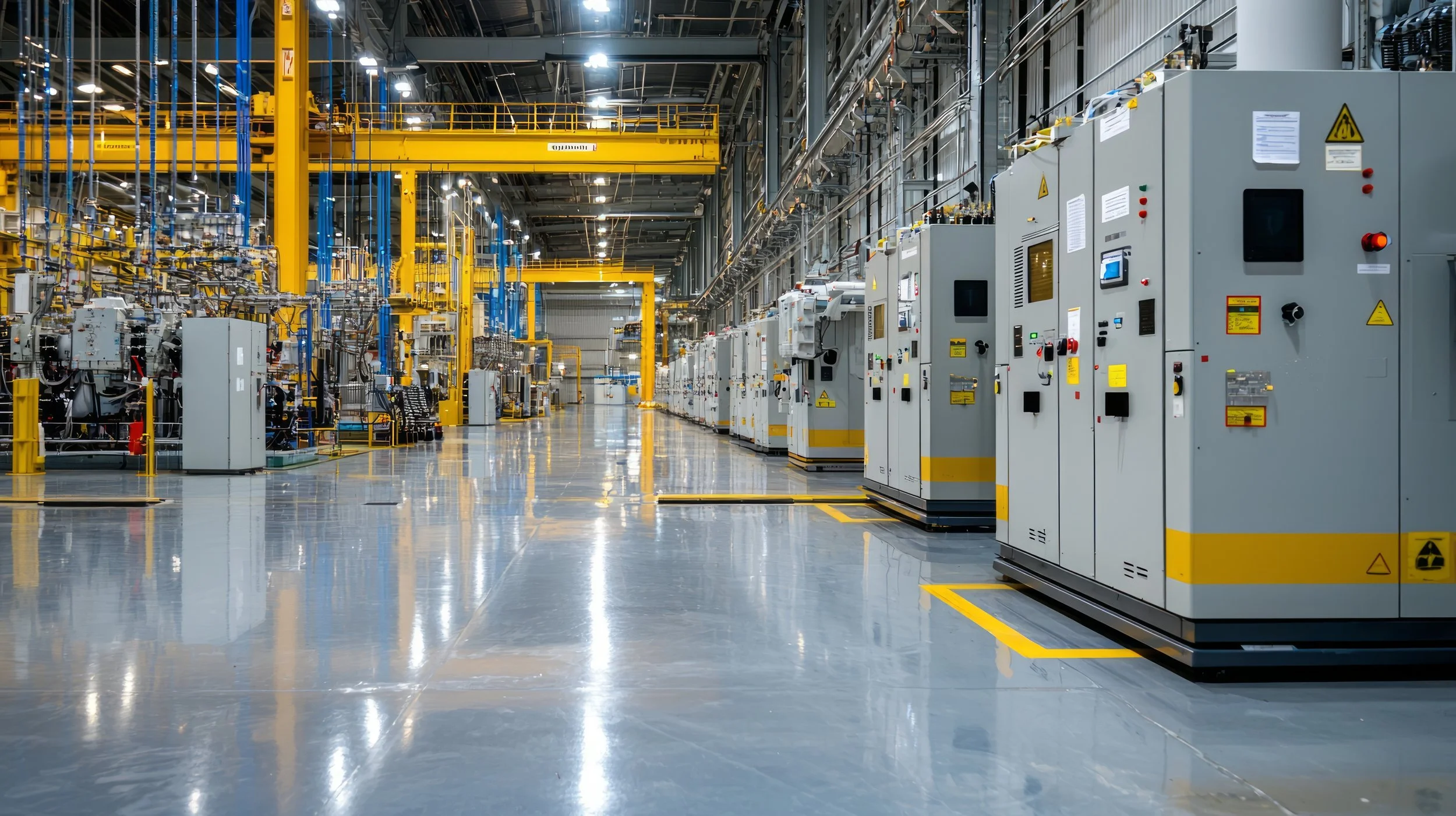 A clean, modern industrial factory with rows of electrical control panels and machinery, yellow overhead cranes, and reflective polished floors.