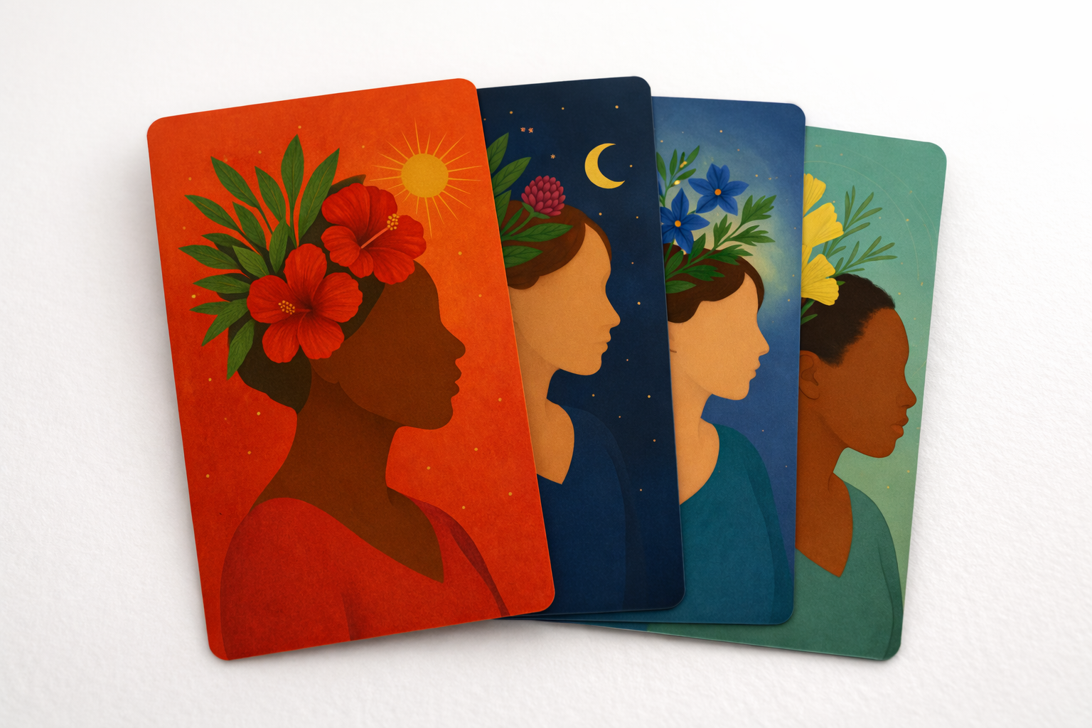 Four illustrated profile portraits of women with different backgrounds and floral headpieces, symbolizing different times of day or moods, from sunrise to night.
