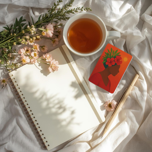 A cup of tea, a sketchpad, a pen, an affirmation card, and pink flowers on a white fabric surface. morning ritual