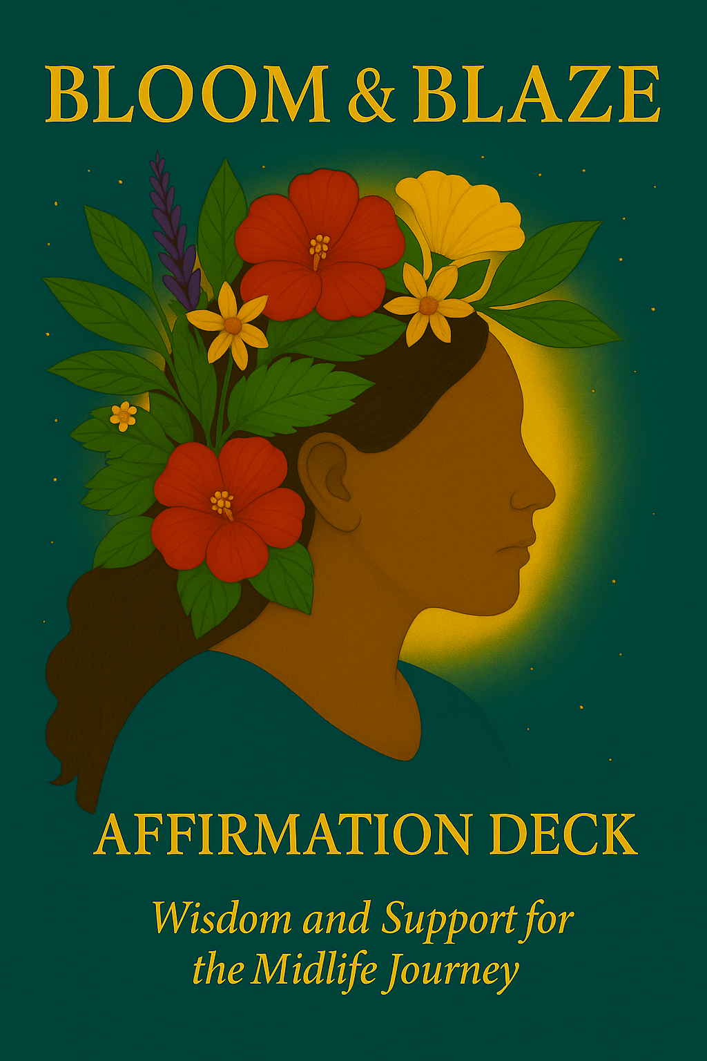 Box cover titled 'Bloom & Blaze Affirmation Deck' with a profile of a woman with flowers and leaves on her head, and the subtitle 'Wisdom and Support for the Midlife Journey'.  Perimenopause.