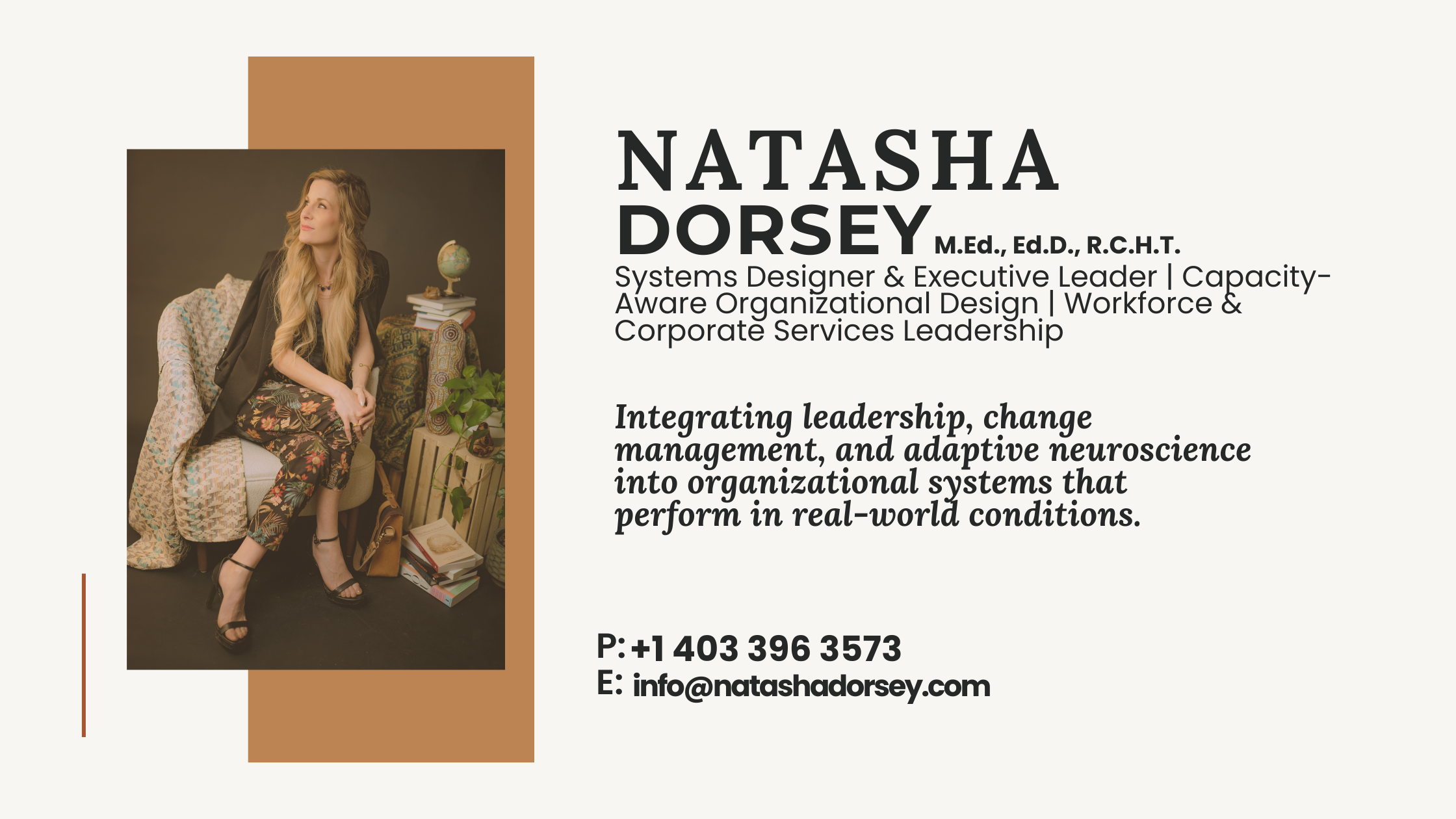 Business card featuring a professional woman sitting in a cozy office setting, with books, plants, and decorative items in the background, and contact information with a photograph of the woman on the left side.