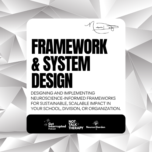 Book cover titled 'Framework & System Design' with a white background and black bold text, featuring logos of 'Get Interrupted Podcast,' 'Not Talk Therapy,' and 'Neuron Garden' at the bottom.