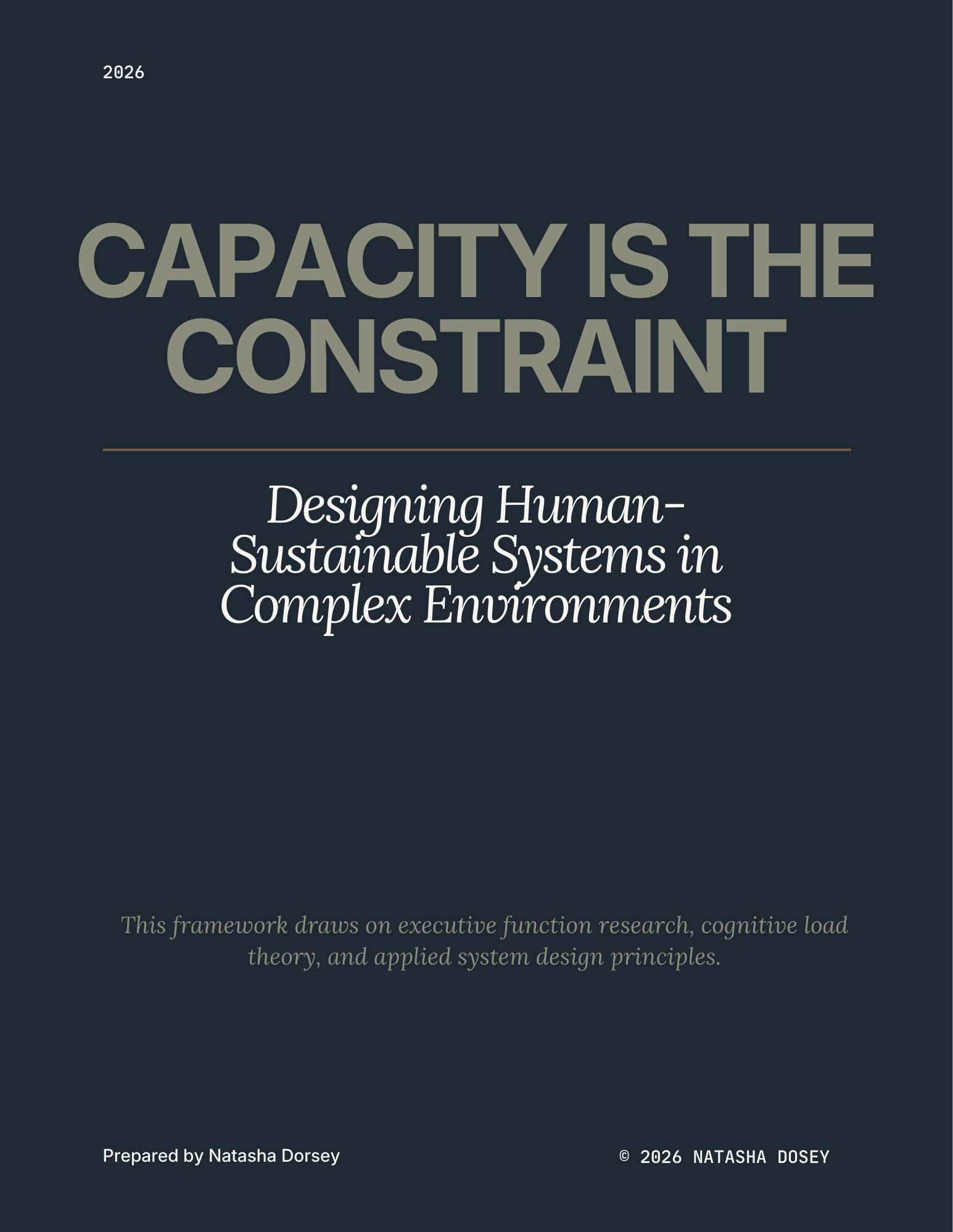Cover page of a book titled "Capacity is the Constraint: Designing Human-Sustainable Systems in Complex Environments" by Natasha Dorsey, published in 2026.