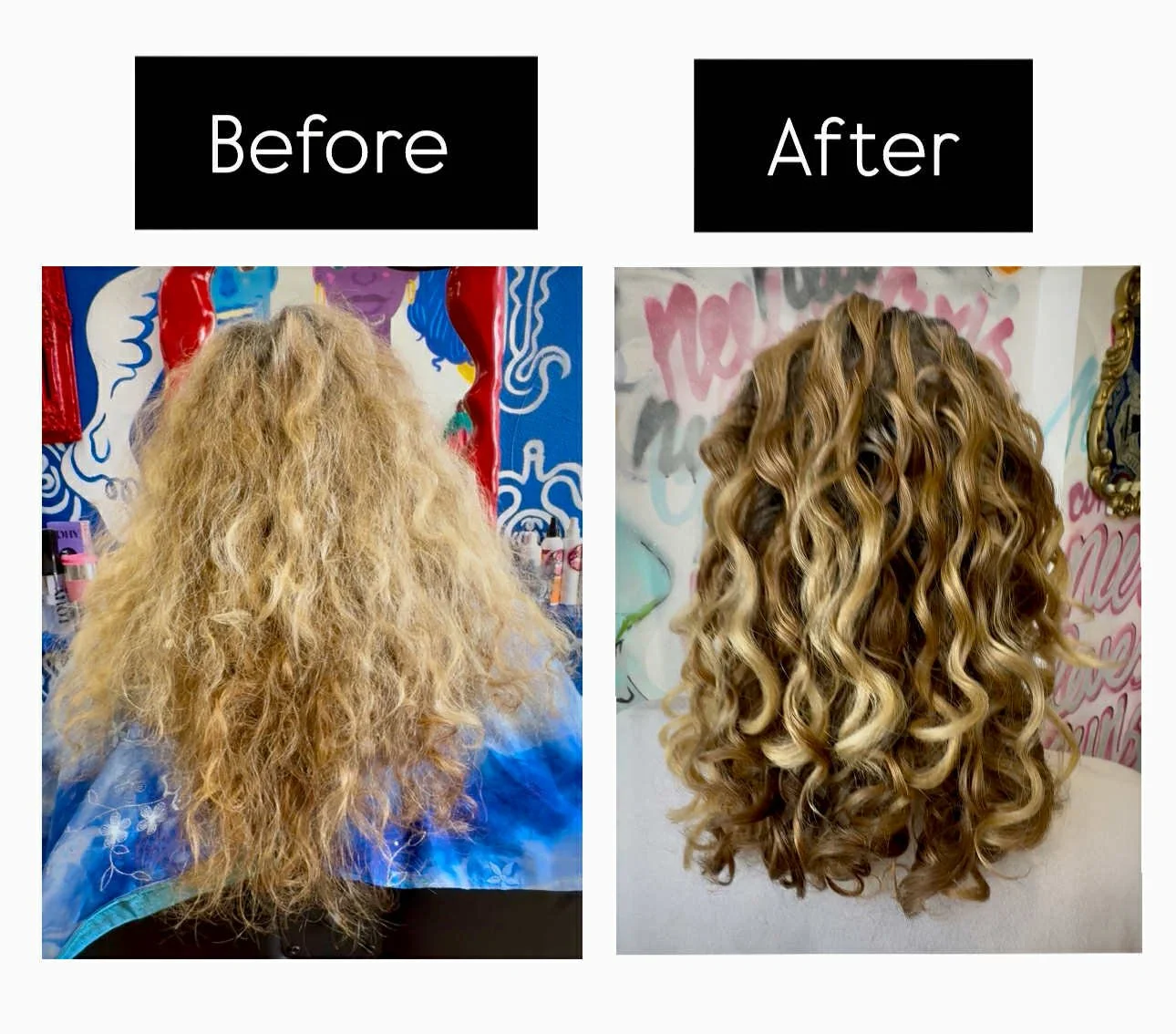 Comparison of a woman's curly hair before and after styling, with the 'before' image showing frizzy, unstyled curly hair and the 'after' image showing smooth, defined curls.