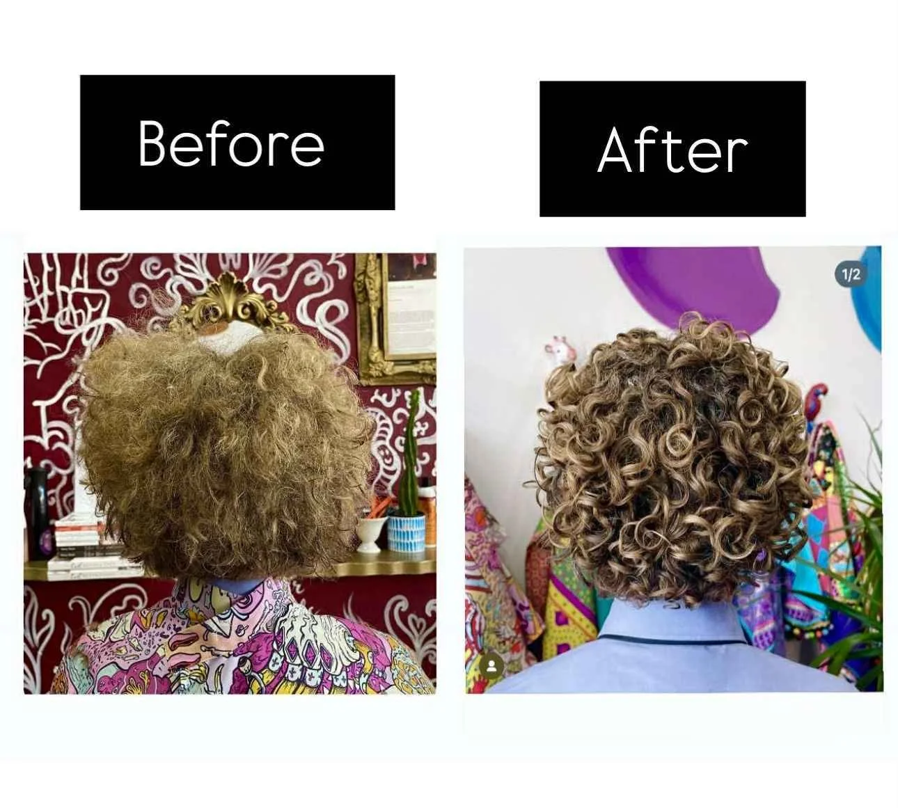 Comparison of a person's curly hair before and after a haircut or styling, with the 'before' showing very frizzy, voluminous curls and the 'after' showing well-defined, styled curls.