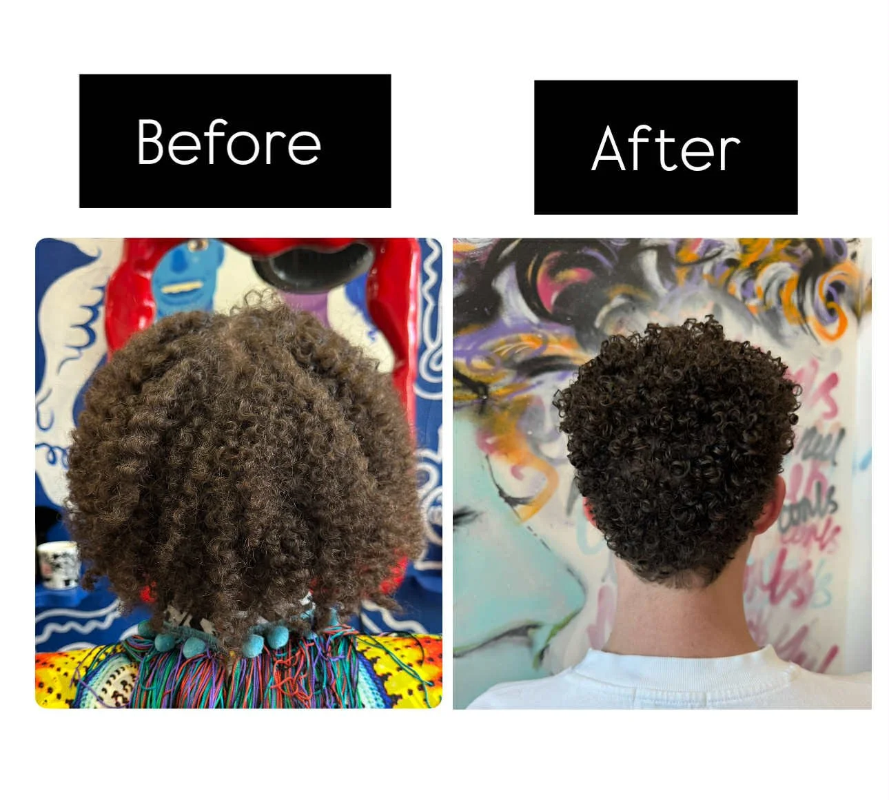 Side-by-side comparison of a person's curly hair before and after a haircut. The left shows coarse, voluminous curls, and the right shows a shorter, tighter hairstyle.