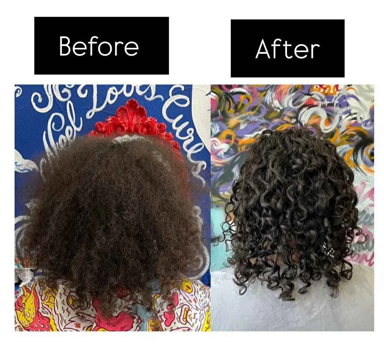 Comparison of before and after hair transformation showing natural curly hair, with the before side being frizzy and textured, and the after side being smooth and defined curls.