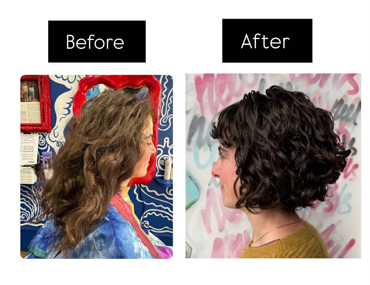 Side-by-side comparison of a woman with curly, longer hair labeled 'Before' and shorter, styled hair labeled 'After'.