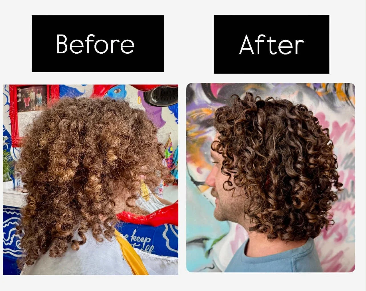 Side-by-side comparison of curly hair before and after a hair styling or treatment. The 'before' image shows frizzy, unstyled curly hair, while the 'after' image shows polished, well-defined curls.