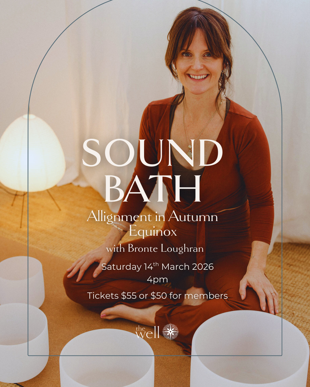 A woman sitting cross-legged on a beige carpet, smiling, with white sound bowls around her, and a visible lamp on the left. Overlaid text promotes an event called "Sound Bath" on March 14, 2026, at 4pm, with details about the theme, speaker, and ticket prices.