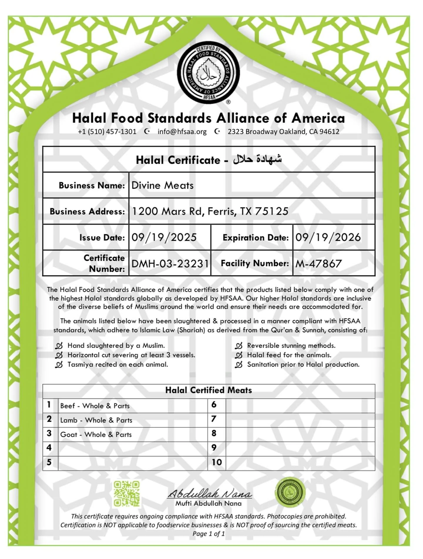 Our Certifications: Trusted, Verified, and Transparent
Divine Foods is proud to uphold the highest standards in halal integrity and food safety. We are:
Certified by the Halal Food Standards Alliance of America (HFSAA)
Our facility follows strict