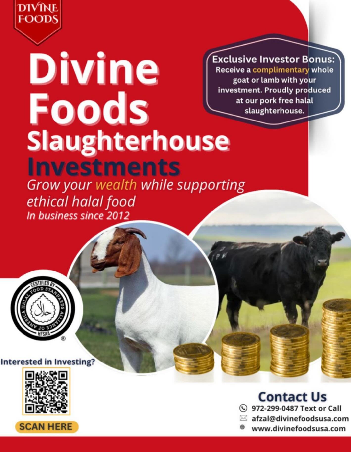 Divine Foods is a USDA-inspected, HFSAA-certified halal meat processing facility based in Texas, delivering 100% hand-slaughtered Zabiha Halal products to retailers, wholesalers, and communities across the U.S.

With the growing demand for ethical, f