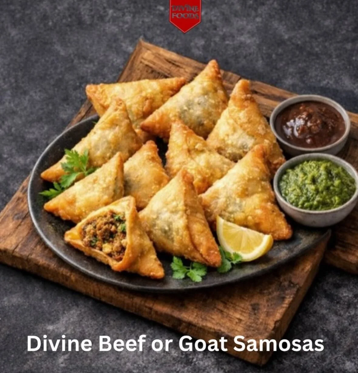 ⭐ Divine Beef or Goat Samosa Recipe

🛒 Ingredients

Filling (Meat Option)
1 lb Divine ground beef or Divine minced goat
2 medium potatoes (boiled &amp; diced)
1 small onion (finely chopped)
2 tbsp oil
2 cloves garlic (minced)
1 tsp ginger paste
1 ts