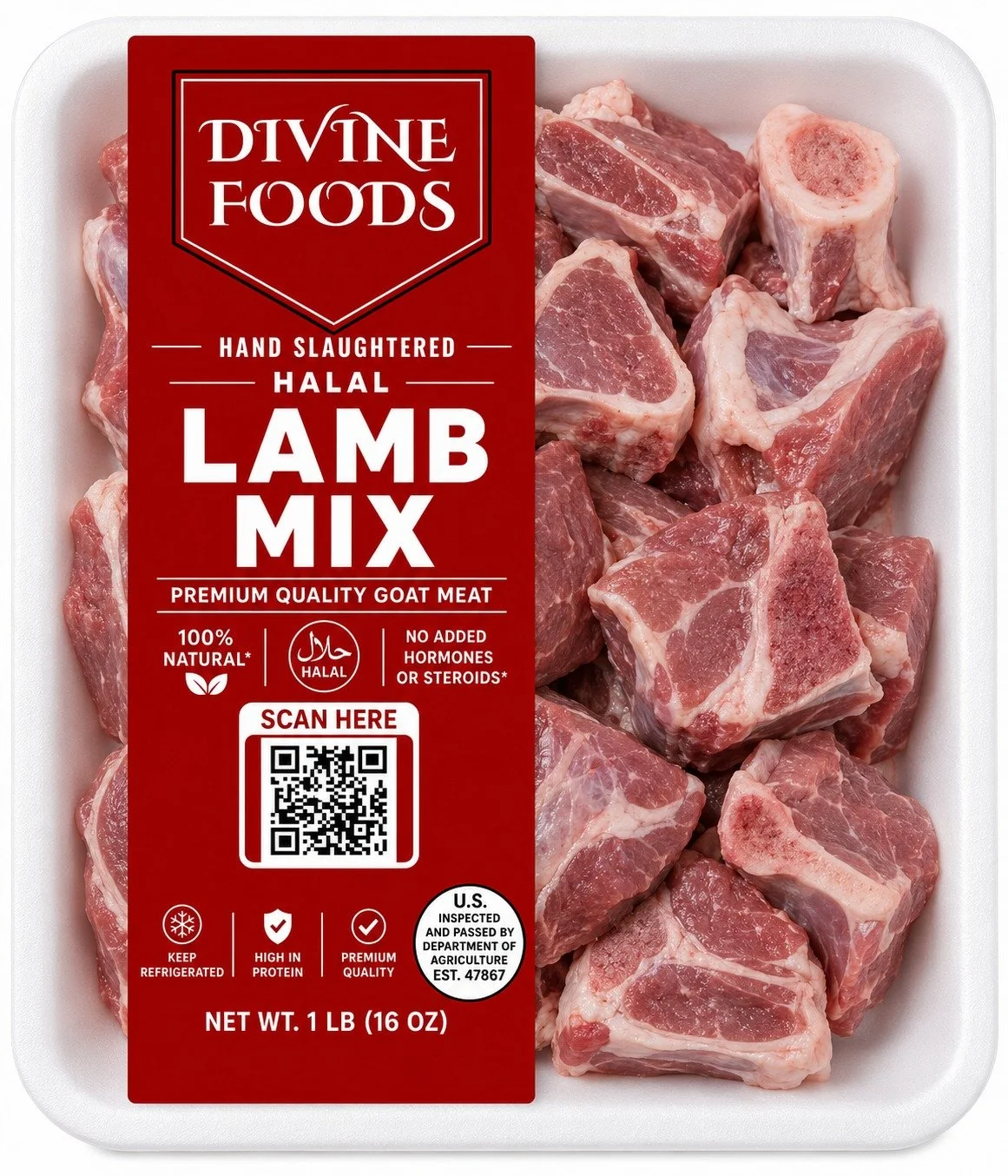 Divine Foods 1 lb hand-slaughtered halal lamb mix package with bone-in lamb meat, halal label, and USDA inspected establishment seal.