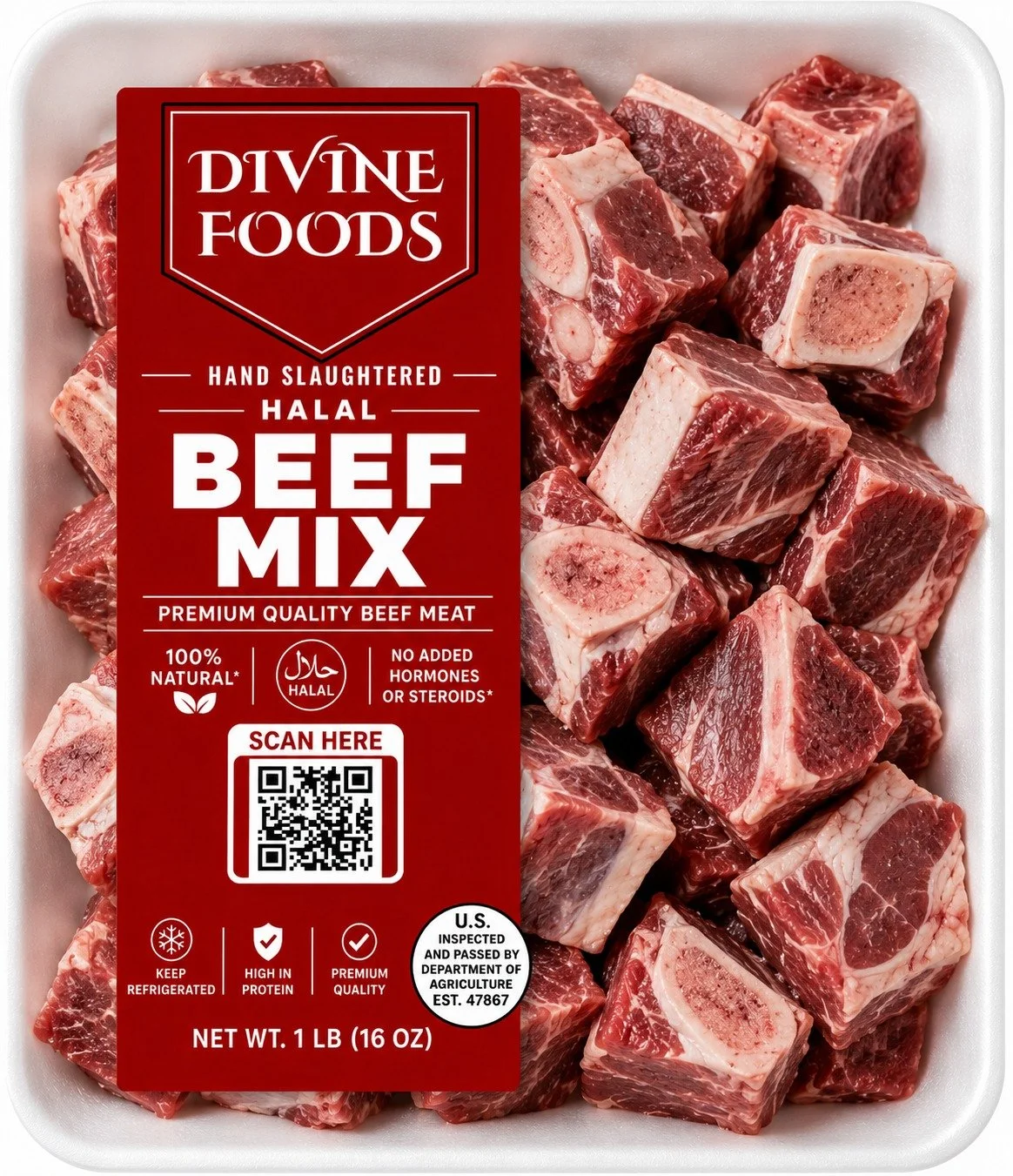 Divine Foods 1 lb hand-slaughtered halal beef mix package with bone-in beef pieces, halal label, and USDA inspected establishment seal.