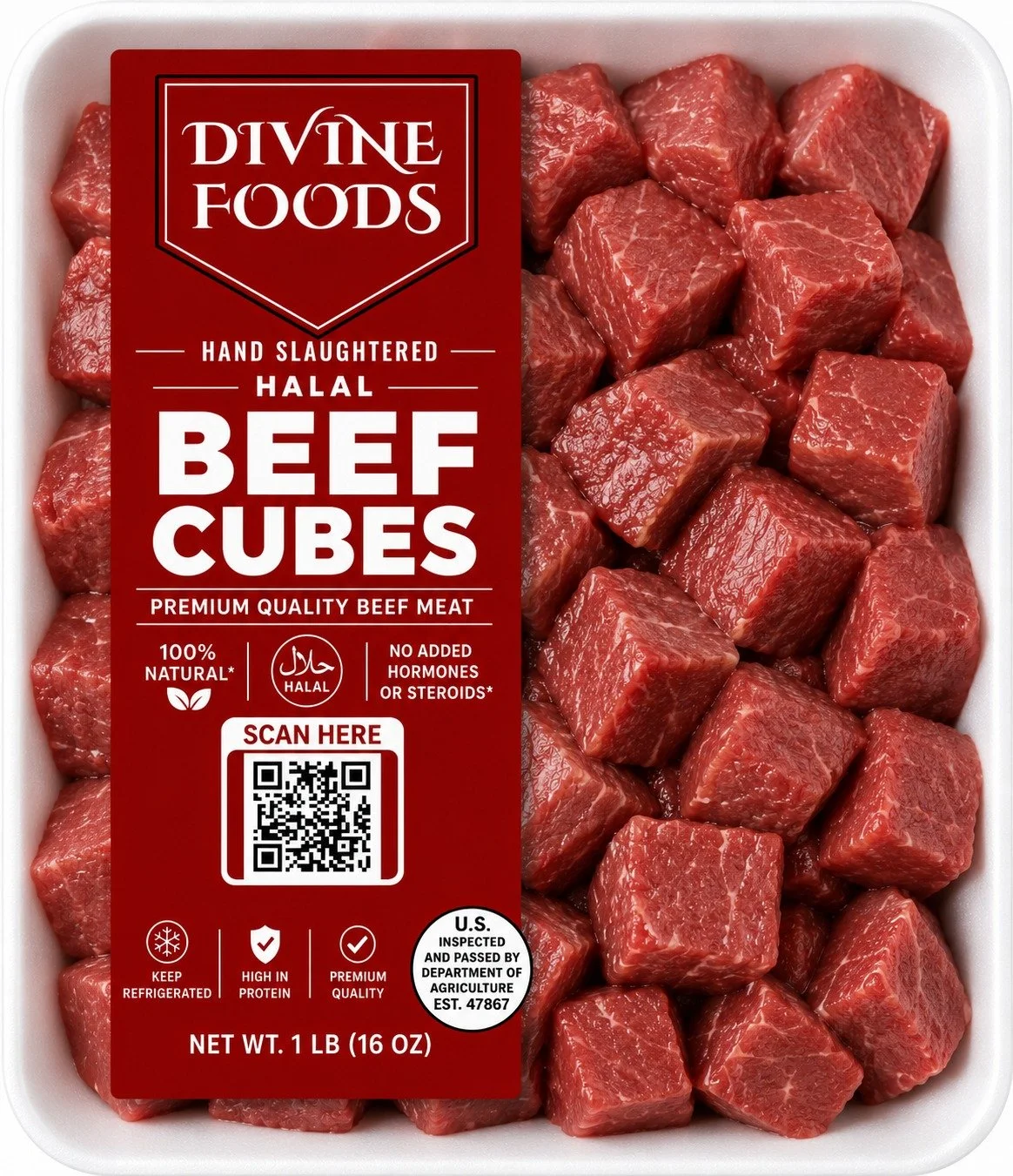 Divine Foods 1 lb hand-slaughtered halal beef cubes package with premium beef cubes, halal label, and USDA inspected establishment seal.