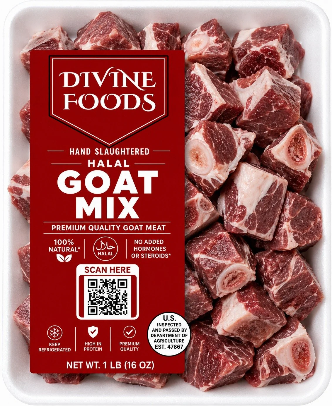 Divine Foods 1 lb hand-slaughtered halal goat mix package with bone-in goat meat, halal label, and USDA inspected establishment seal.