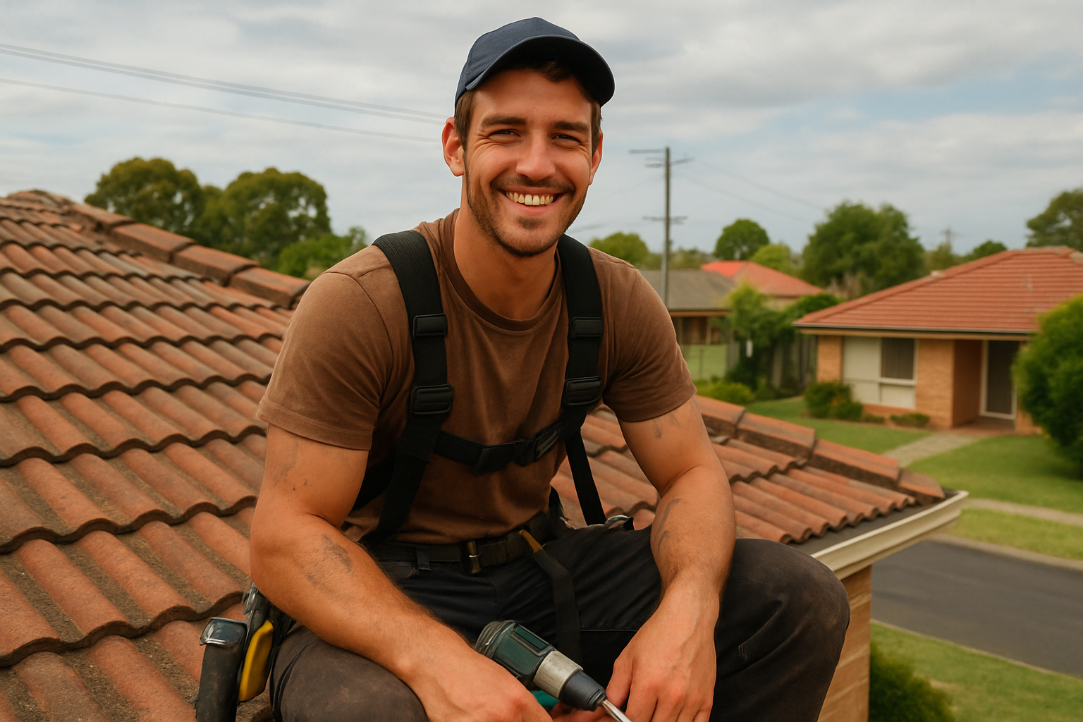 A smiling man in a brown t-shirt and a dark baseball cap sitting on a roof with a cordless drill in his hand, with houses and trees in the background.
