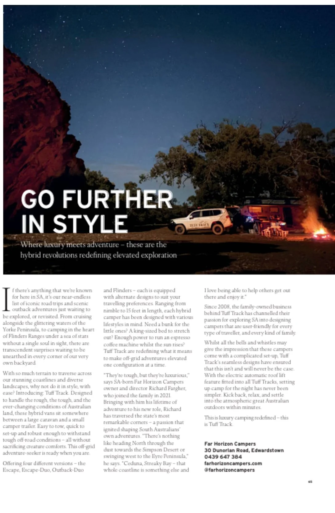 A nighttime scene showing a camping site with a campfire, parked SUVs, and a small building or trailer, under a starry sky with trees and a rocky hillside in the background.