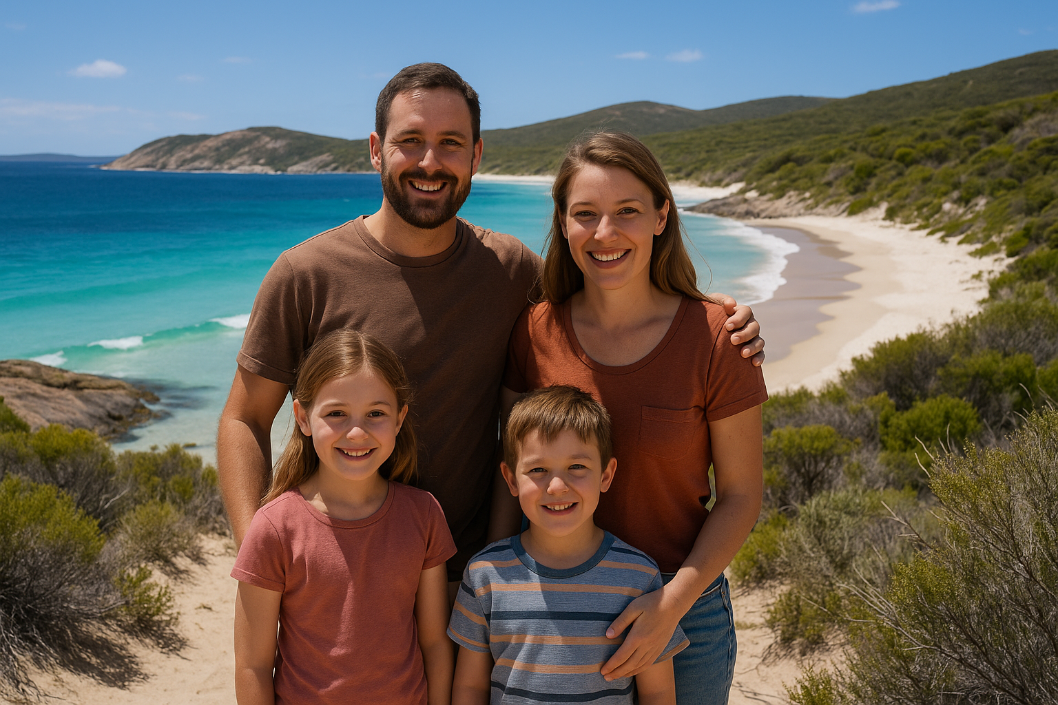 Family of four smiling on beach with ocean and green hills in background