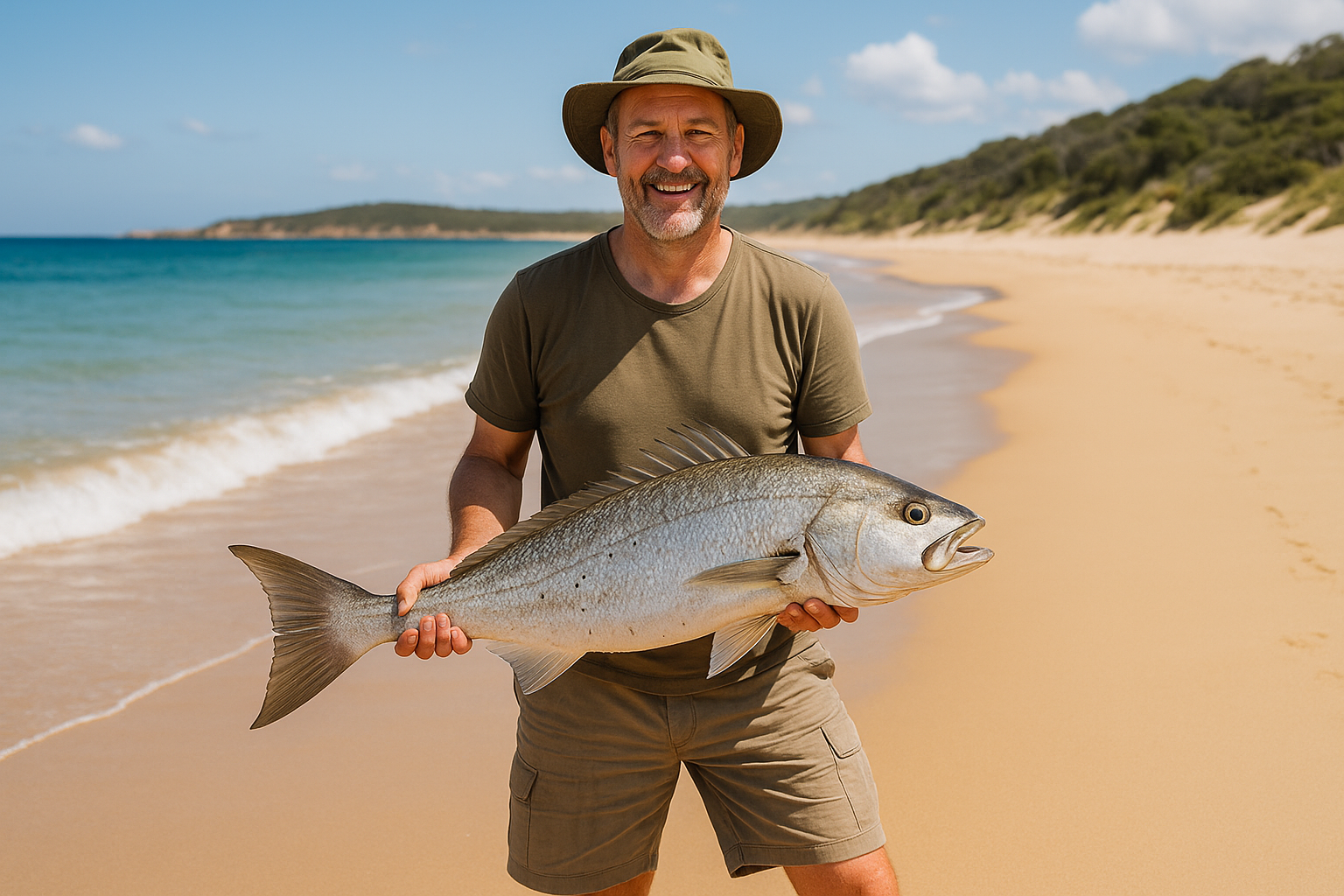 Man holding a large fish on a sandy beach with ocean waves and hills in the background.