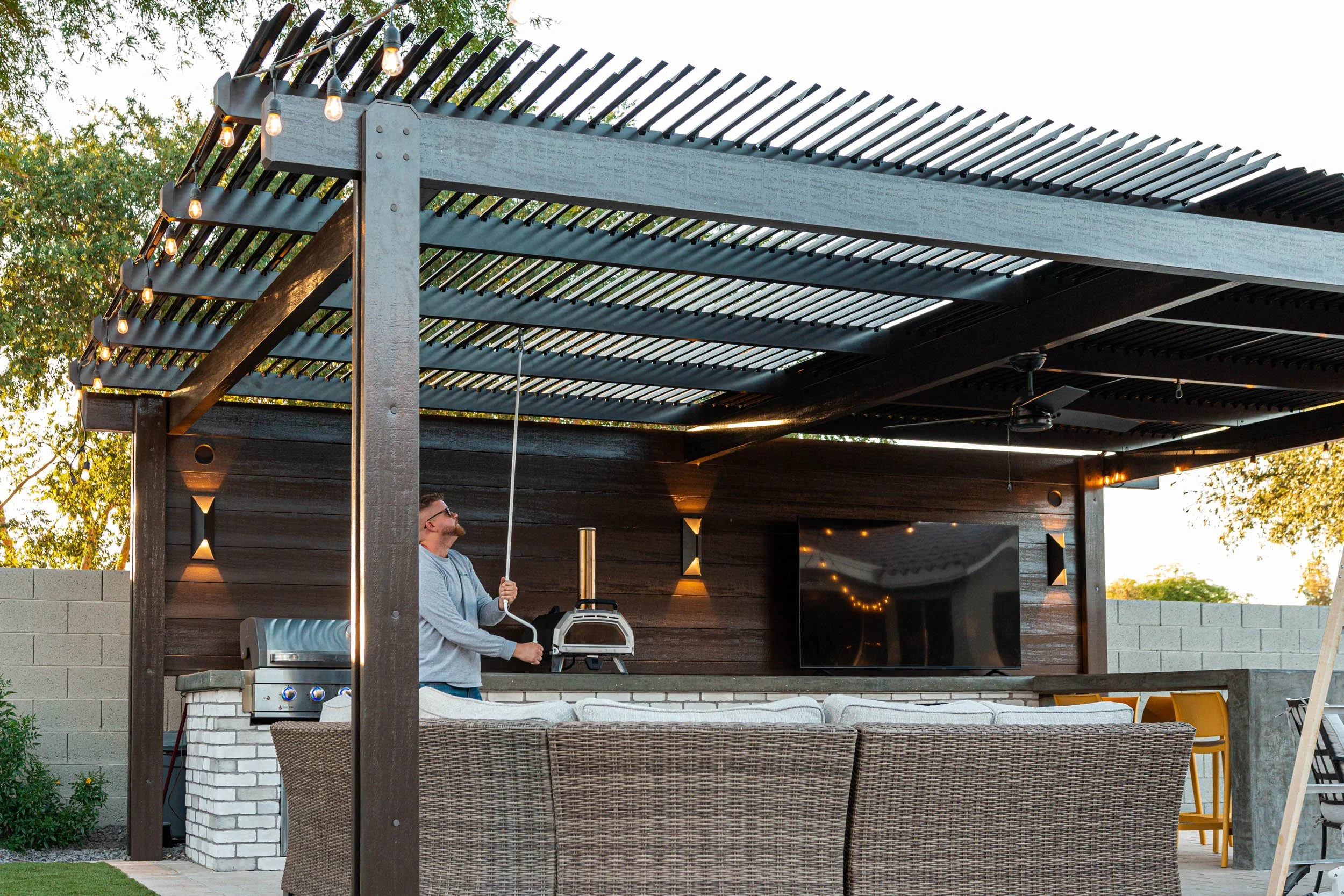 Louver System: The installation of this adjustable open and close louver system gave our client the best of everything: summer shade and winter sun. We installed each individual louver by hand, and rigged the mechanical open and close mechanism.