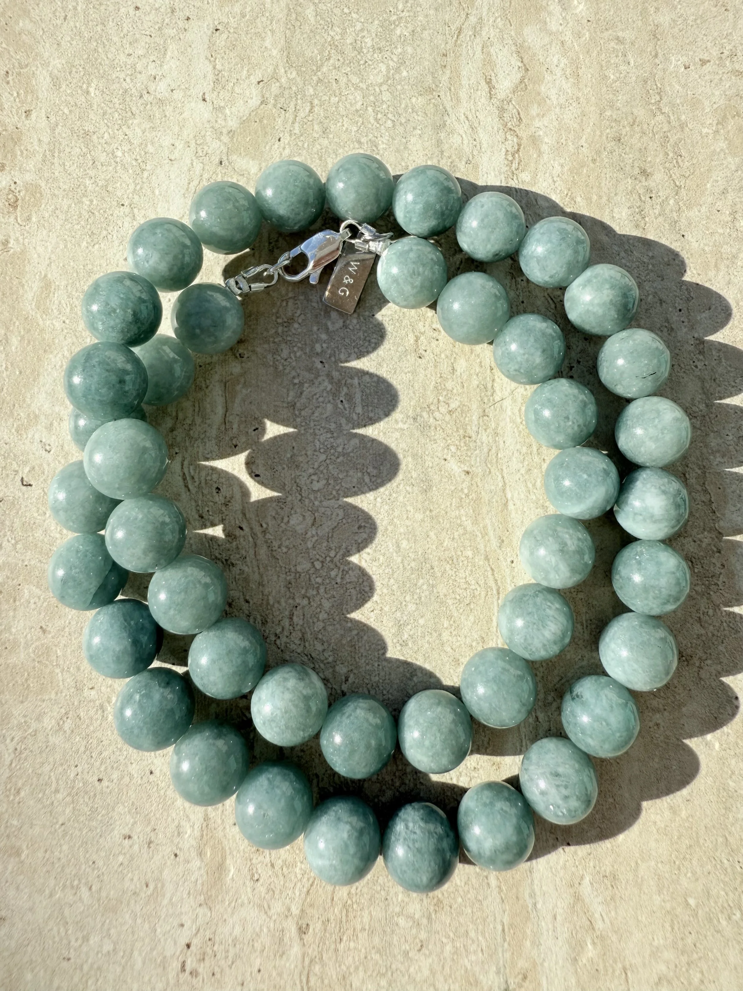 Meet Fifi - 10cm Burmese Jade stones set with silver hardware in a stunning necklace. She's chunky and she's beautiful.
47cm long. 1 of 1