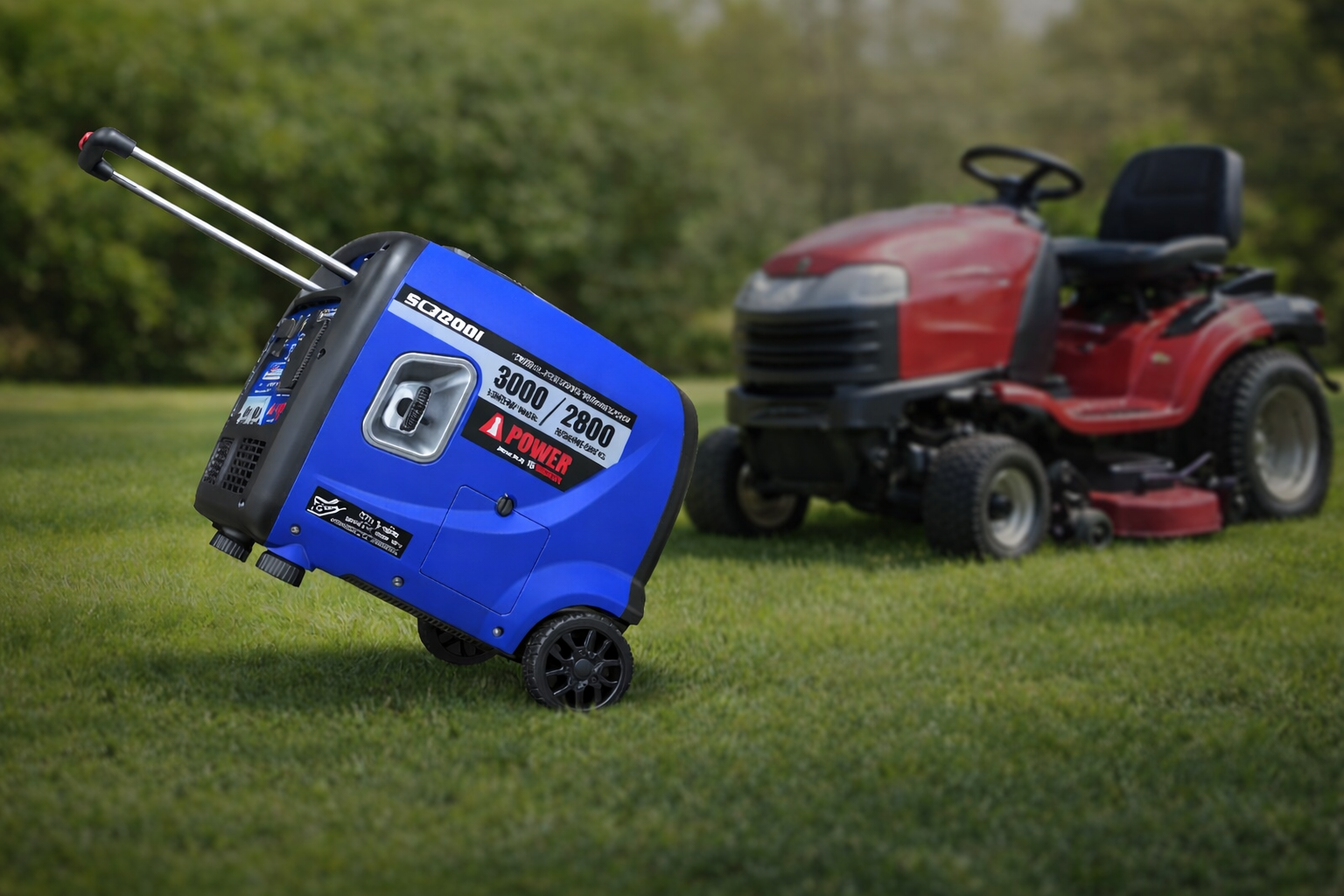 A blue portable generator on wheels with a handle, set on a grassy lawn, with a red riding lawn mower in the background.