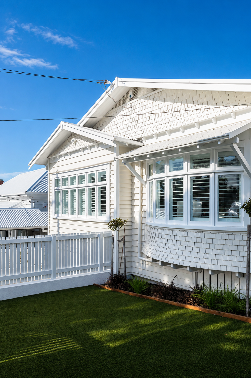 White house with curved bay windows, white fence, green lawn, and blue sky with wispy clouds.