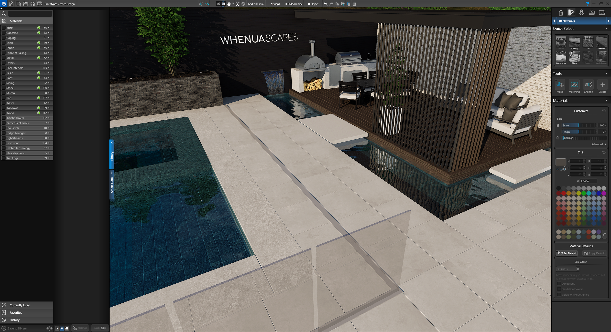 3D design rendering of a modern outdoor patio featuring a swimming pool with dark blue tiles, a wooden deck, an outdoor kitchen with a pizza oven, a barbeque grill, and a dining table with chairs, surrounded by a black fence, a brick wall, potted plants, and minimalist seating area.