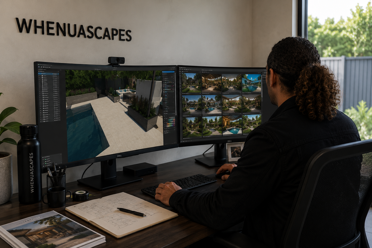 Landscape designer at Whenua Scapes creating a bespoke outdoor living design using dual curved monitors with 3D landscape software and design inspiration in a professional Auckland design studio.