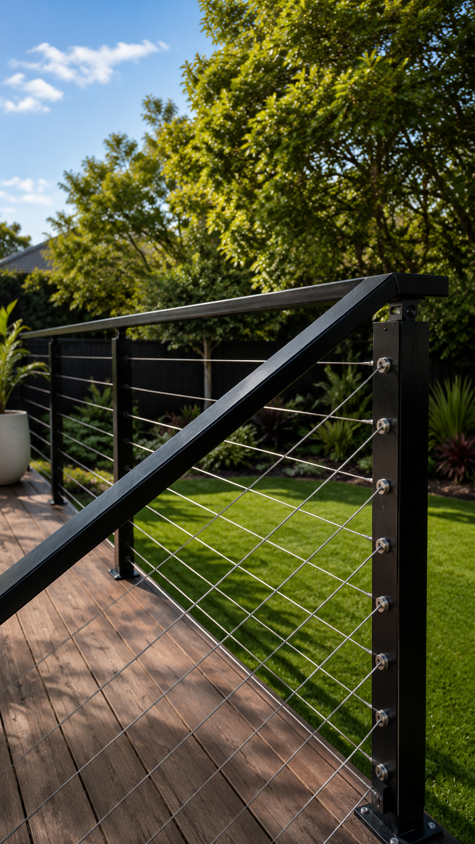 Modern black aluminium cable balustrade on a timber deck overlooking a professionally landscaped New Zealand backyard with lush lawn and planting.