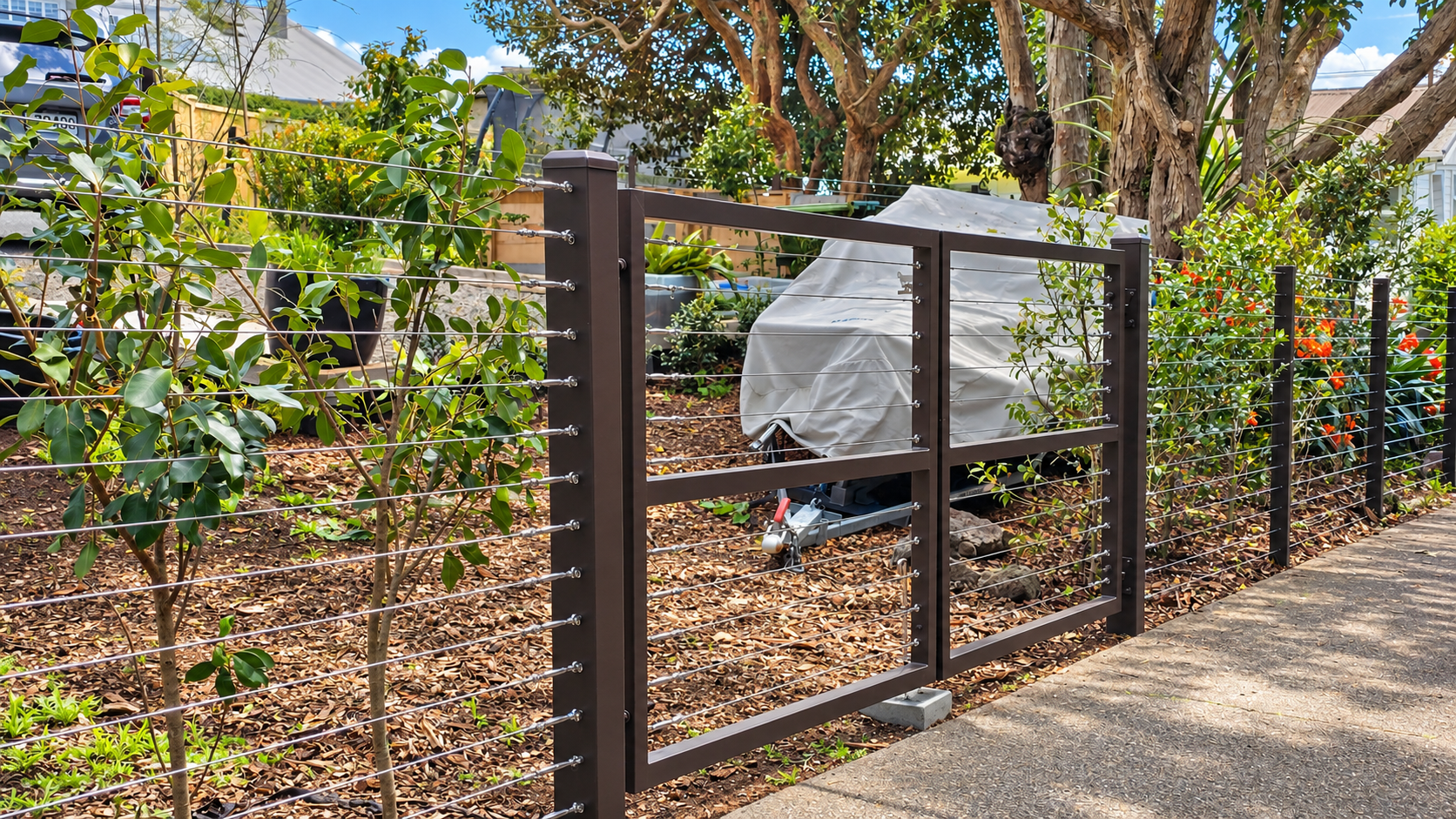 Custom steel-framed pedestrian gate with stainless steel cable infill and matching boundary fencing, installed by Whenua Scapes in Auckland.