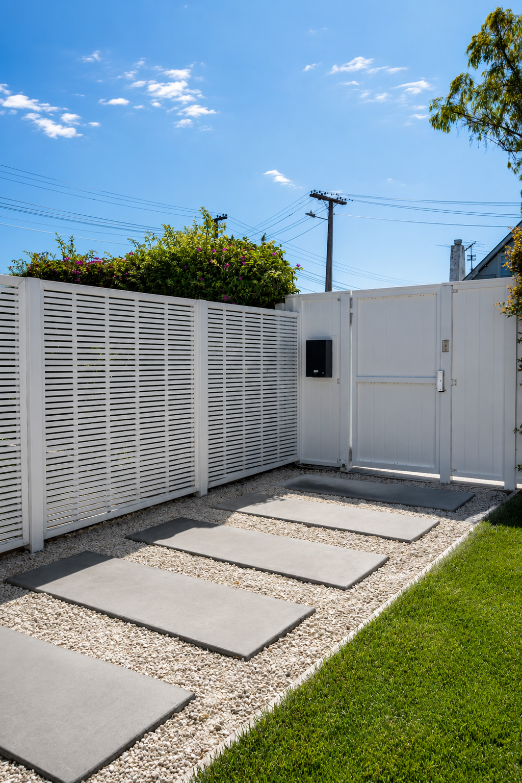 A white backyard fence with a matching gate, concrete stepping stones, and a grassy lawn, under a blue sky with a few clouds.