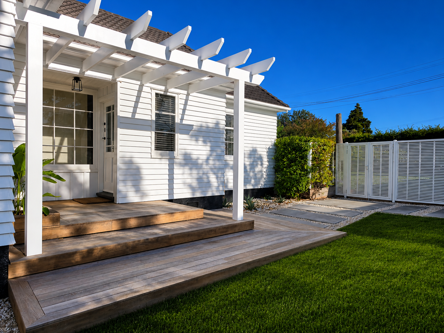 Backyard with a white house and a wooden deck, surrounded by green grass and plants, with a white gate and fence under a clear blue sky.