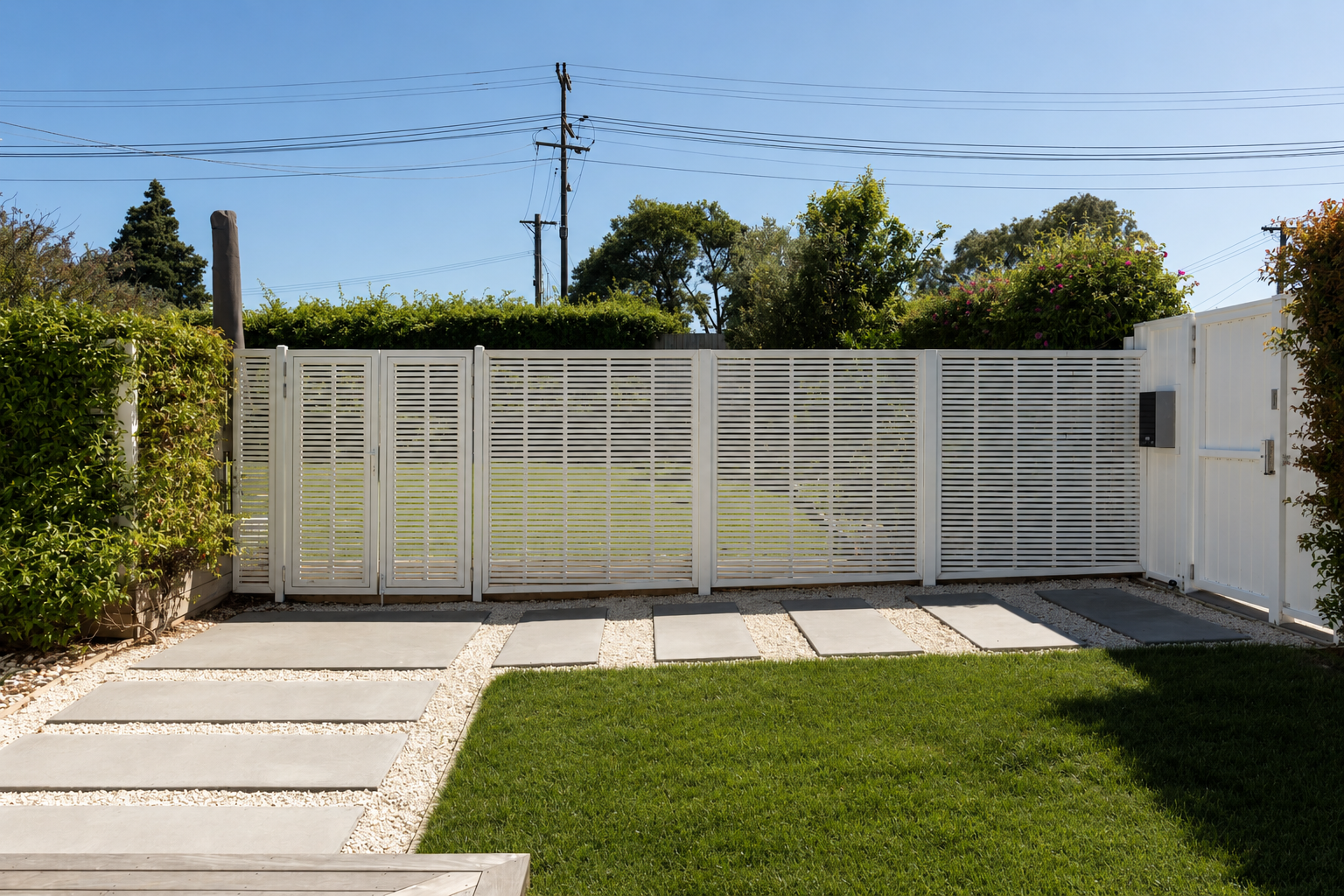Modern white aluminium privacy fence with pedestrian gate, stepping stone pathway, decorative white pebble landscaping, and manicured lawn installed by Whenua Scapes in Auckland.