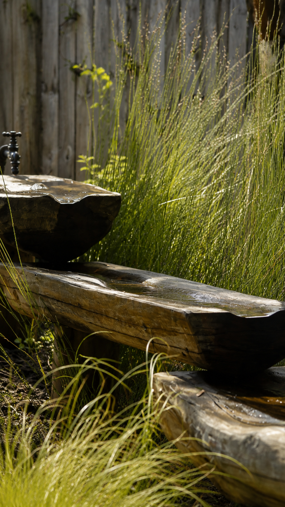 Wooden outdoor water basin with water flowing from a faucet, surrounded by tall grass and wooden fence.