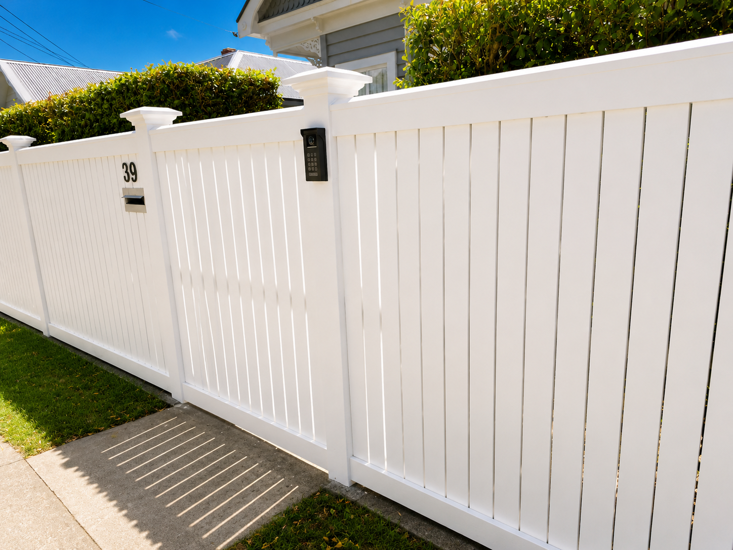 Modern white privacy fence with matching pedestrian gate, integrated letterbox and keypad entry at a residential property in Auckland, New Zealand.